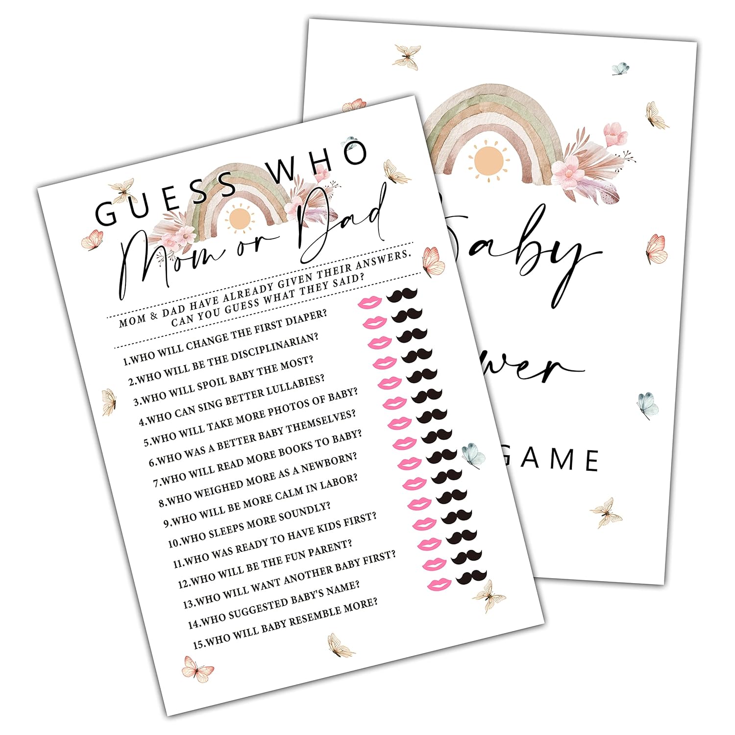 Boho Rainbow Baby Shower Games, Mom Or Dad Guess Who (30-Pack), Boho Floral Baby Gender Reveal Party Game, Boho Theme Pregnant Celebration Decoration Supplies(5"X7")-Game-J04