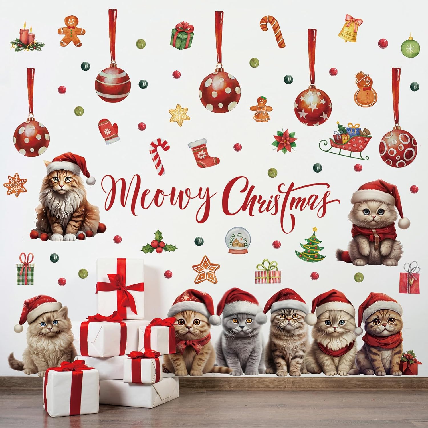 Christmas Cat Wall Decal Merry Christmas Wall Sticker Removable Christmas Cat Wall Decals Decor For Winter Christmas Holiday Party Supplies Home Window Decor