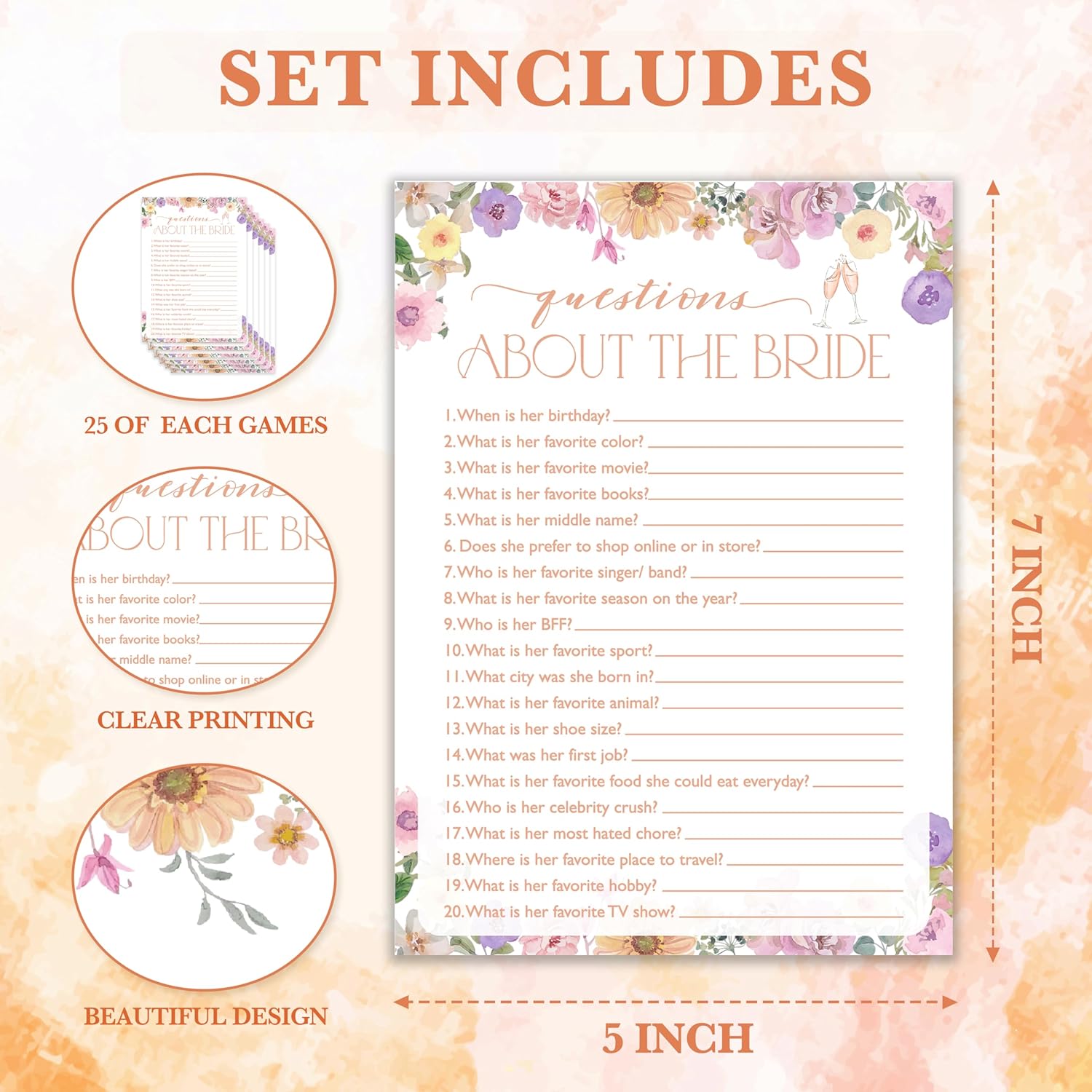 Bridal Shower Games, Wildflowers Games, Questions About The Bride Games, Bachelorette Party Decorations, Engagement Party Supplies, Couple Shower Ideas, Spring Flowers Wedding Games For 25 Guests-08