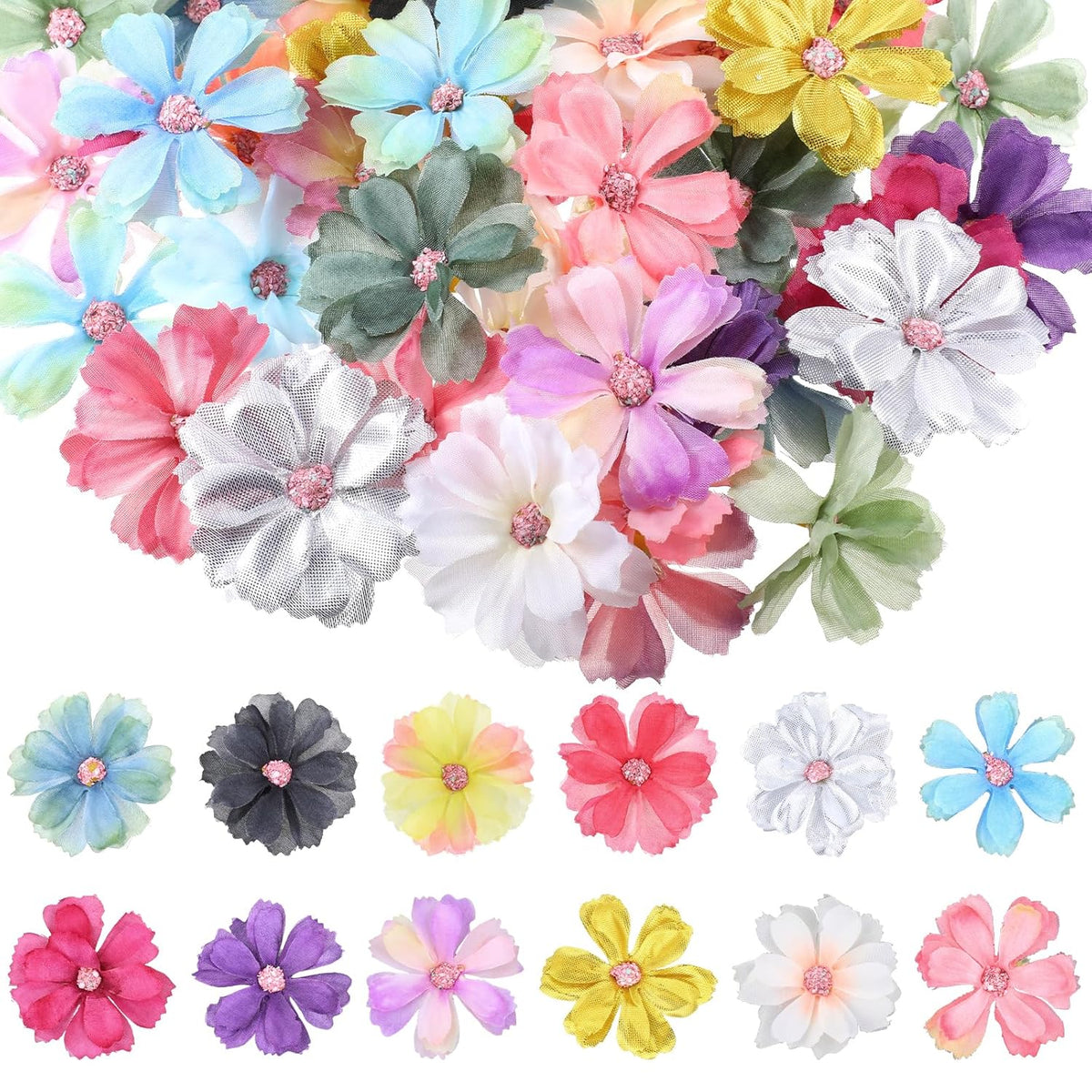 100Pcs Mini Flowers For Crafts Paper Flowers Small Fake Flower Mini Faux Flower Heads Artificial-Flower Heads Silk Daisy-Flower Embellishments 1.5 Inch For Diy Garland Home Wedding Party Decoration