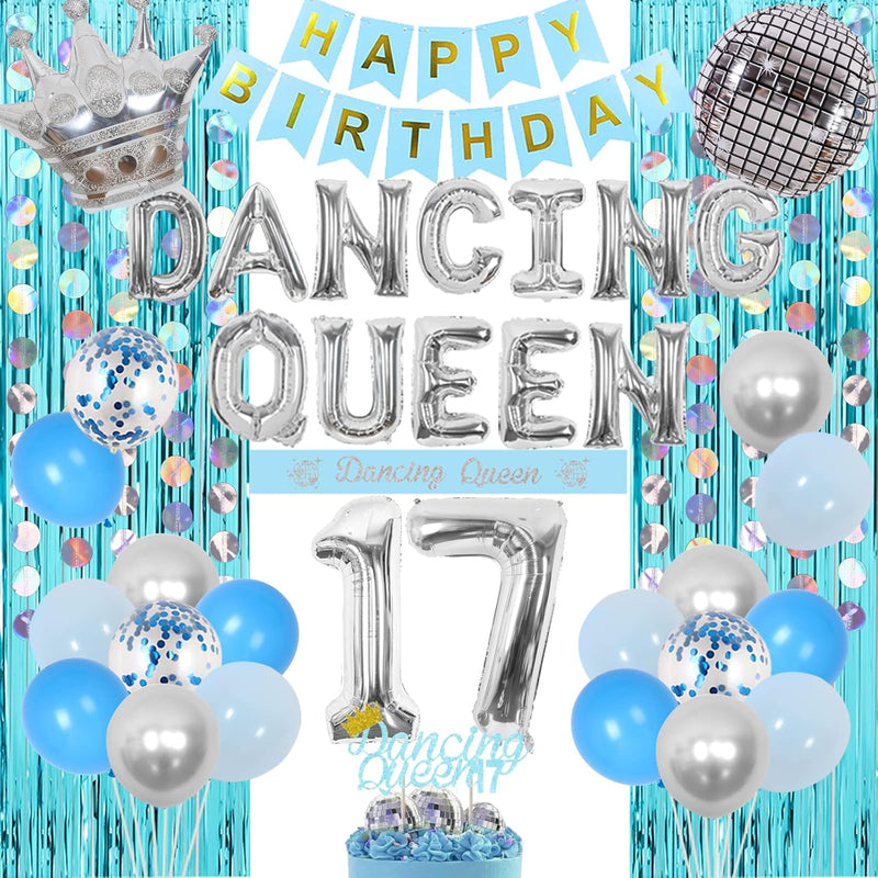 17Th Birthday Banner Decorations For Girls Blue And Sliver Dancing Que