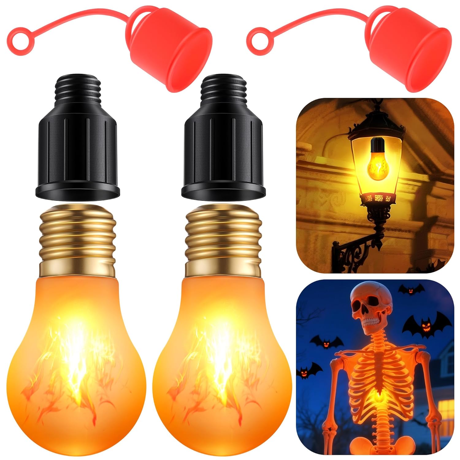 2 Pack Halloween Rechargeable A19 Flickering Flame Light Bulbs With E26 Conversion Interface & Silicone Hanging Sleeve, Fire Bulb For Christmas Party Decorations Outdoor Indoor Home Decor