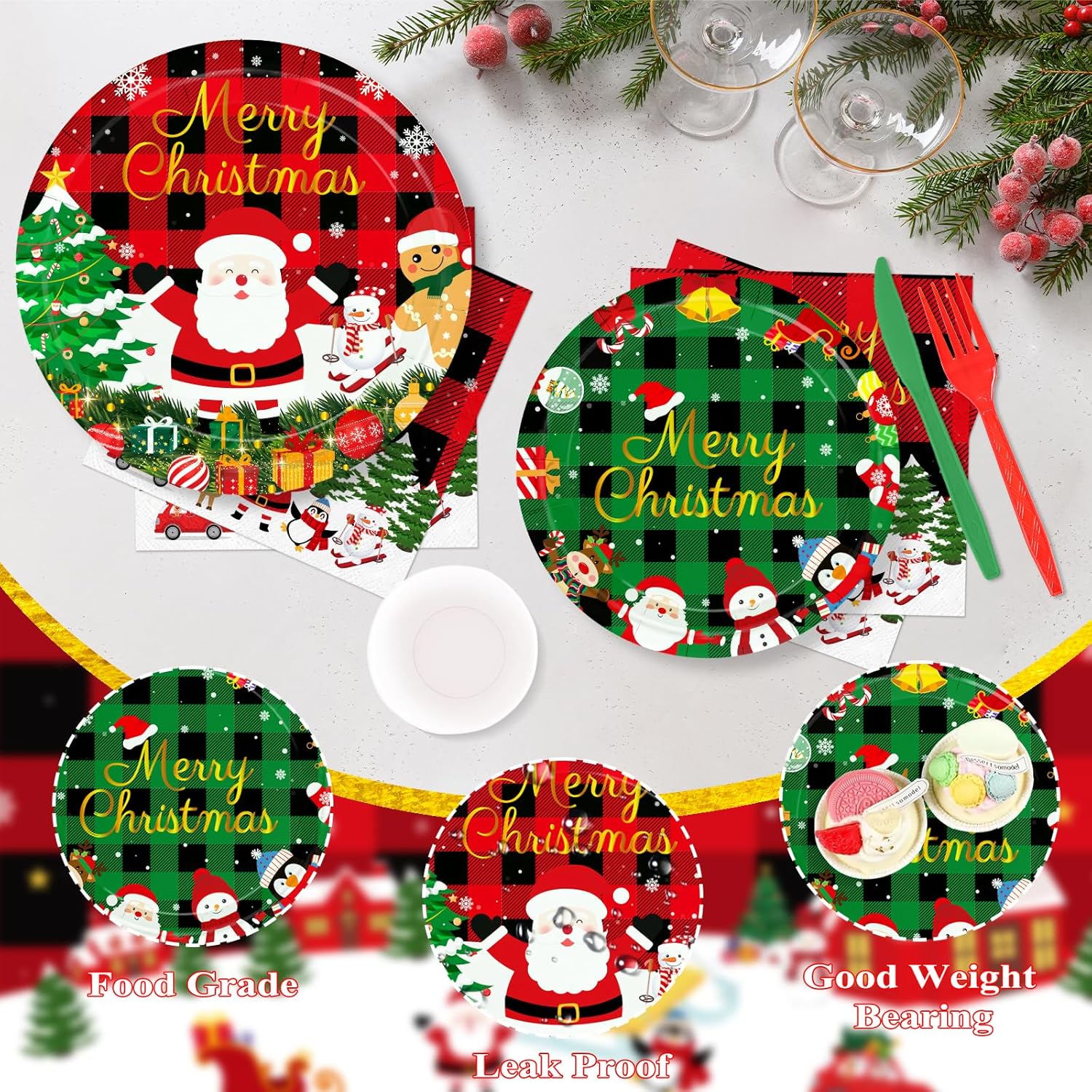 175 Pcs Christmas Plates And Napkins Set - Disposable Christmas Party Supplies With Cups, Plastic Spoons Forks Knives, Merry Xmas Paper Plates And Napkins For Xmas Holiday Party Decor, Serves 25
