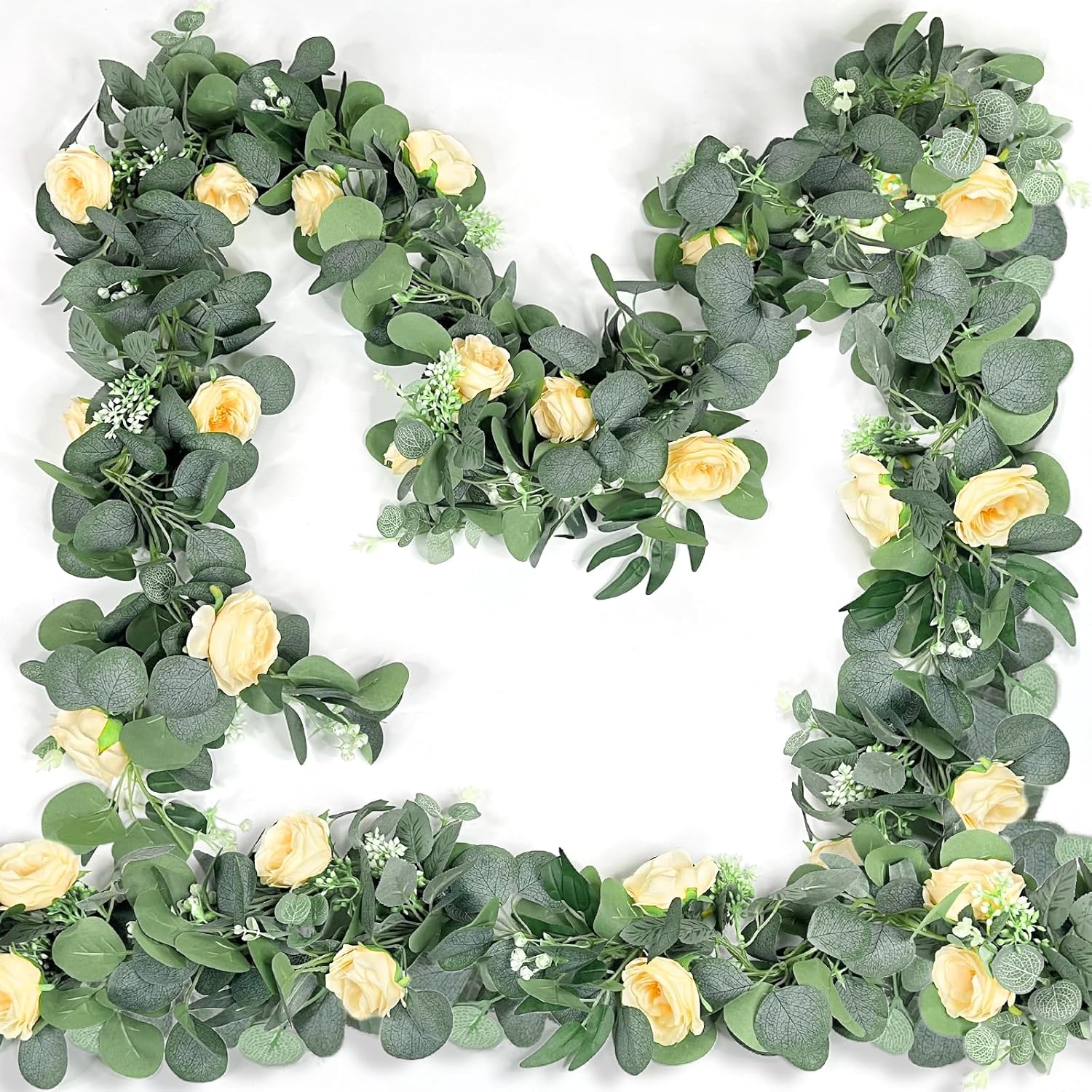 2 Pack 13Ft Artificial Spring Eucalyptus Flower Garland With Fake Rose Flower Floral Vine & Seeded Eucalyptus Greenery Garland For Wedding Arch Table Runner Backdrop Party Spring Decor (Champagne)