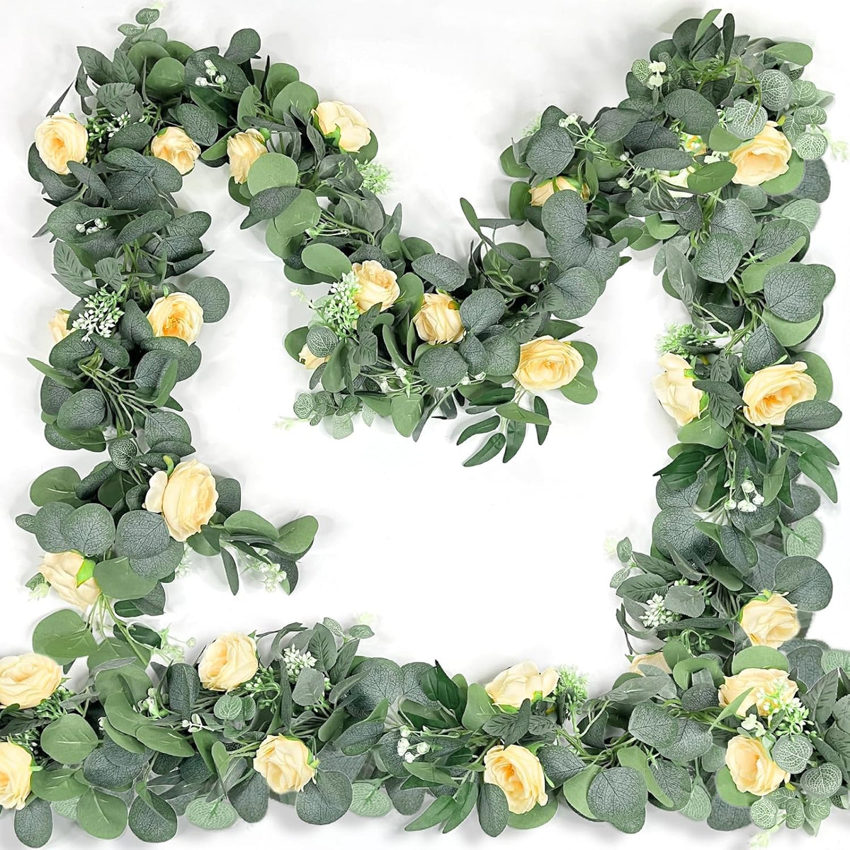 2 Pack 13Ft Artificial Spring Eucalyptus Flower Garland With Fake Rose Flower Floral Vine & Seeded Eucalyptus Greenery Garland For Wedding Arch Table Runner Backdrop Party Spring Decor (Champagne)