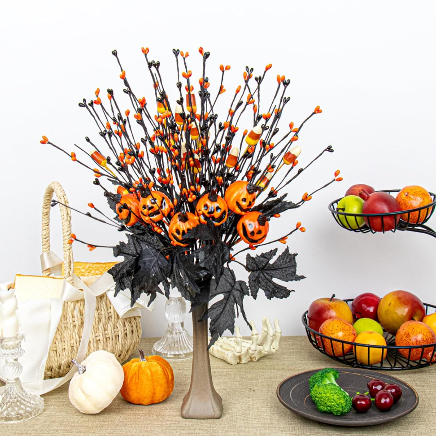 12 Pcs Gothic Halloween Flowers Artificial Orange Black Stems Spooky Halloween Floral Picks With Candies Corn Smiling Pumpkins For Vase Floral Arrangements Table Centerpieces Decorations