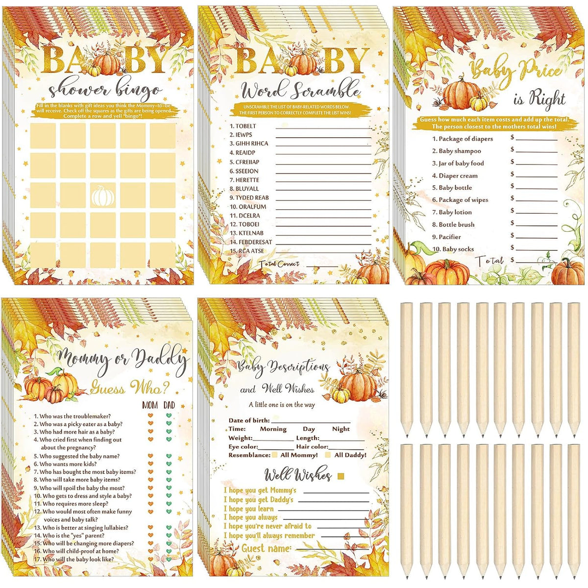 145 Pieces Thanksgiving Baby Shower Party Games Sets, 125 Pumpkin Theme Baby Shower Games Paper Cards With 20 Editable Pencils Gifts For Fall Harvest Family Party Game Supplies