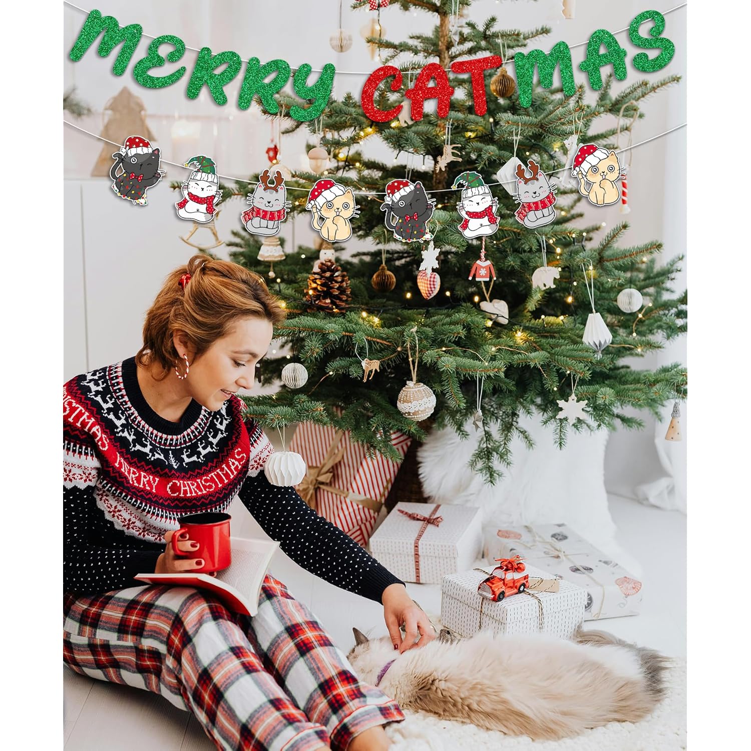 Glittery Merry Catmas Banner With Christmas Cat Patterns Green Red Meowy Christmas Fireplace Wall Garland Cat Themed Merry Xmas Holiday Party Decorations