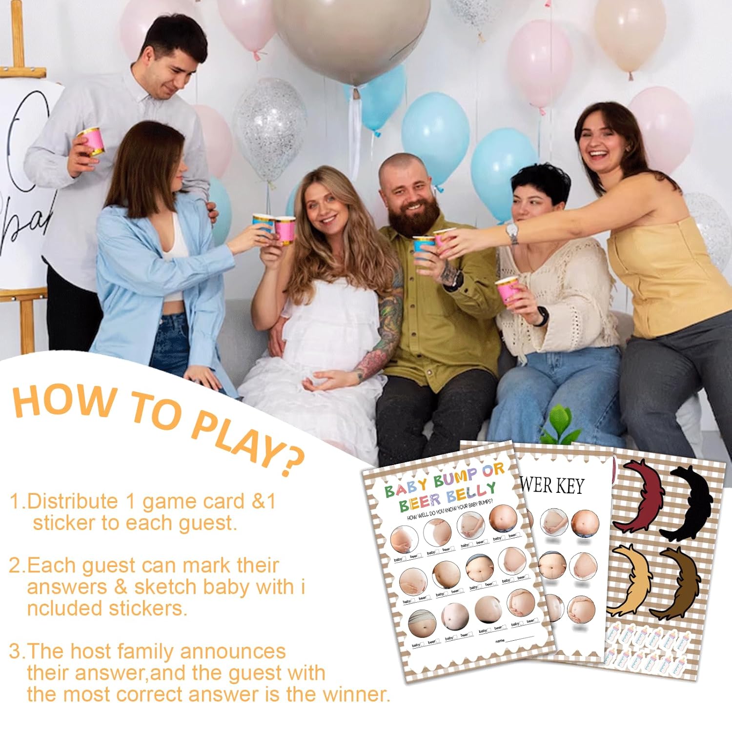 Gender Reveal Games Ideas For Guests, Boy Or Girl Voting With 2 Funny Games(31 Of Each)-Beer Belly Or Pregnant Bump And Sketch Baby'S Look For Baby Shower Party Favors
