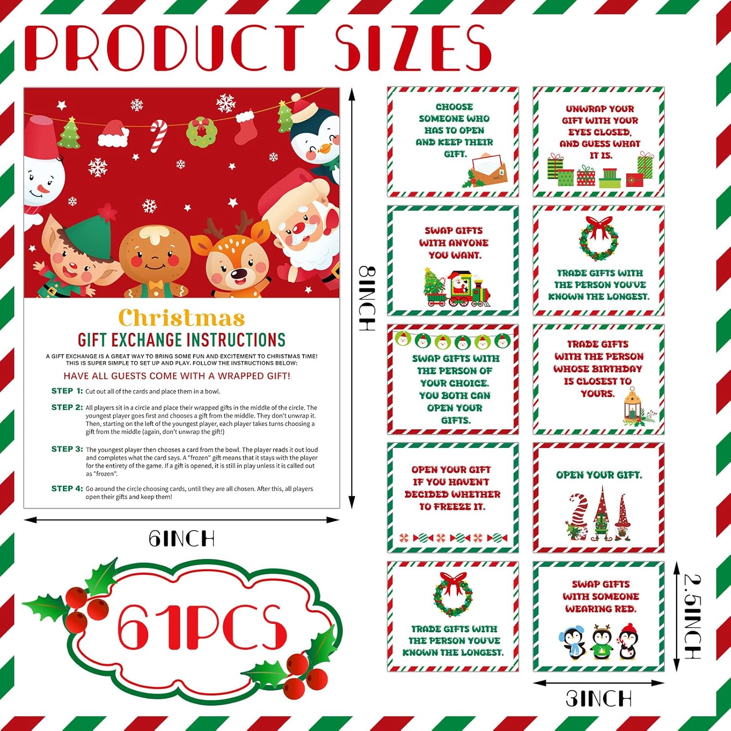 61 Pcs Christmas Exchange Game Gift Cards White Elephant Gift Exchange Cards Christmas Family Games Holiday Present Swap Party For Family Adult Women Men Coworker Groups Xmas Party Supplies