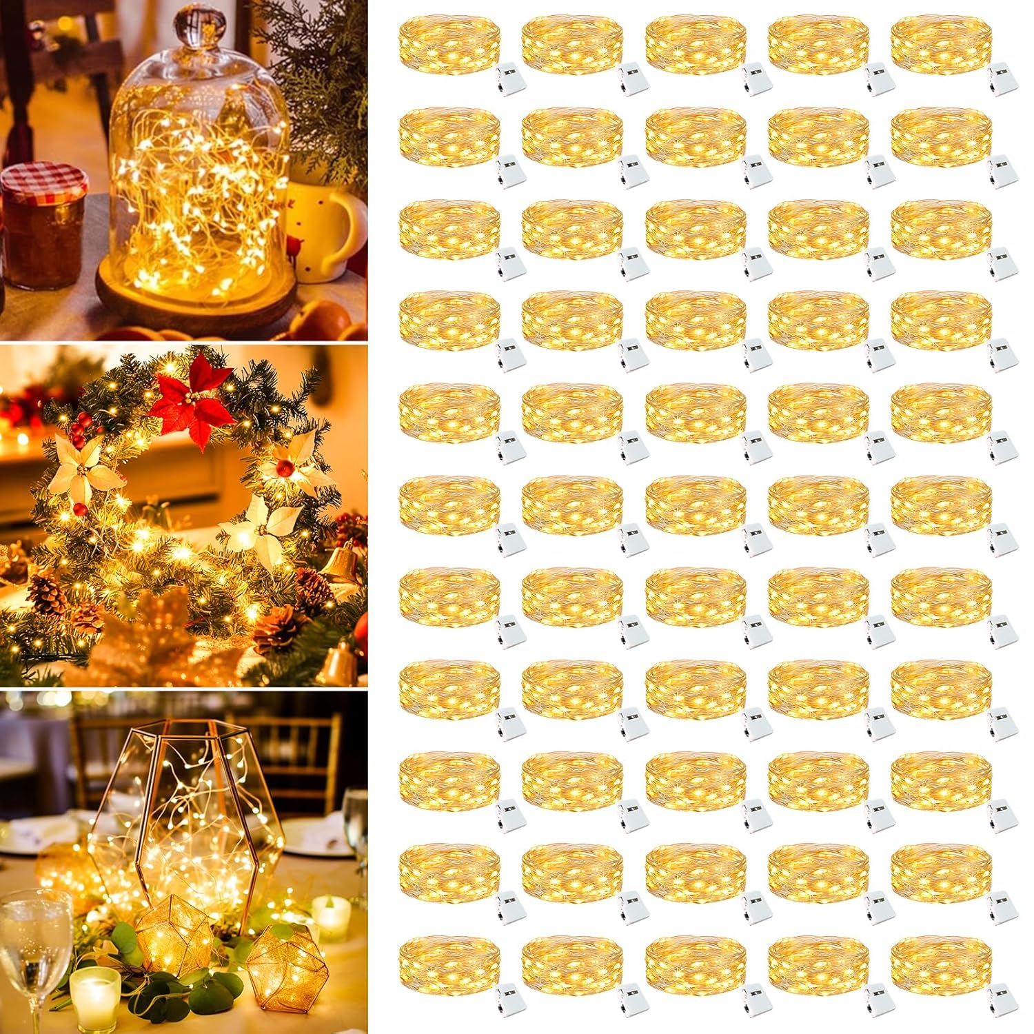 50 Pack Fairy Lights Battery Operated - 7Ft 20 Led Small Twinkle Lights 3 Modes, Bulk Mini String Lights Waterproof For Mason Jars Vases Crafts Party Wedding Decoration Christmas -Warm White