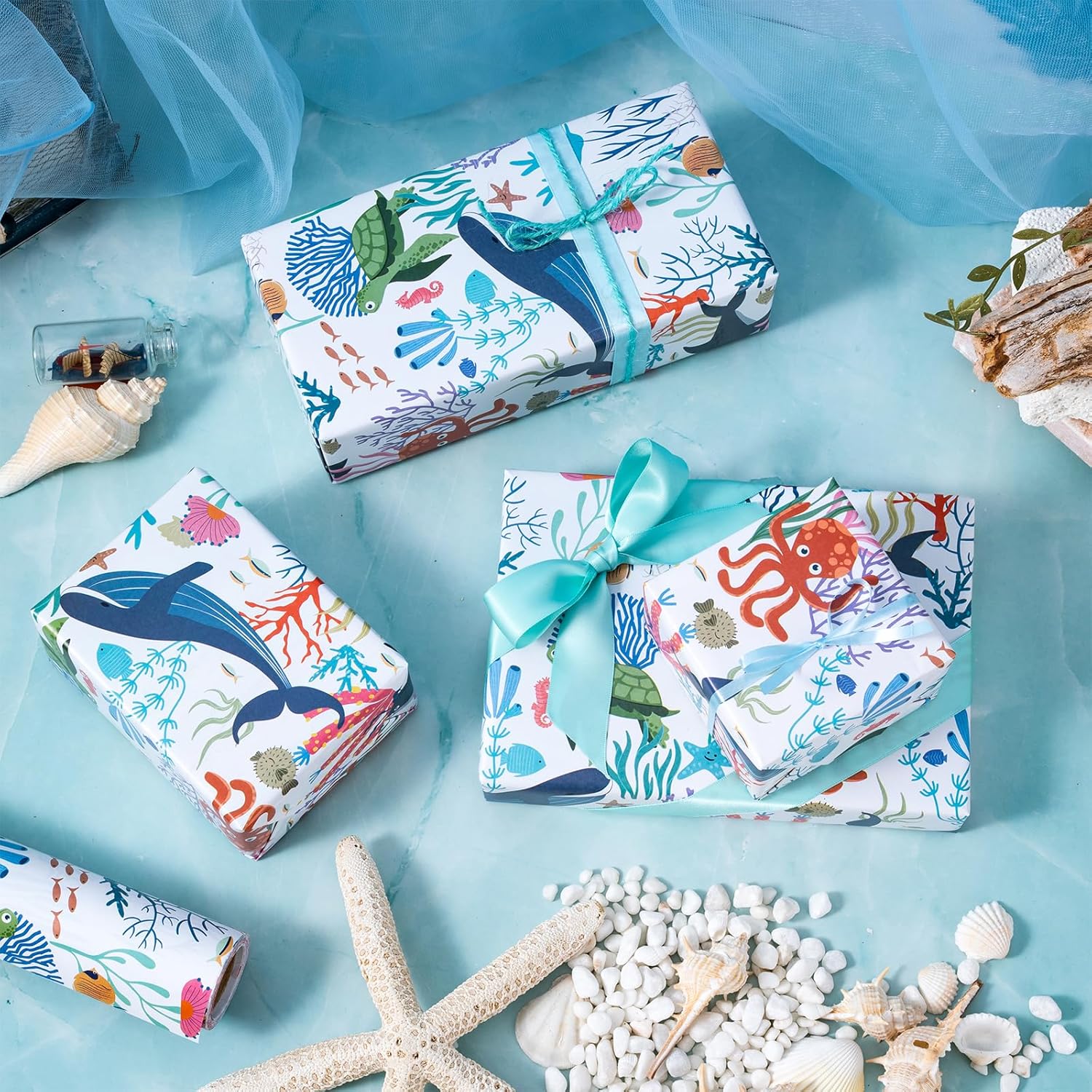 Ocean Wrapping Paper Roll - Cartoon Design Of Ocean, Whale, Turtle, Sea Creature For Birthday, Baby Shower, Holiday Party For Boys Girls Kids - 17 Inches X 32.8 Feet (46.45 Sq.Ft.)