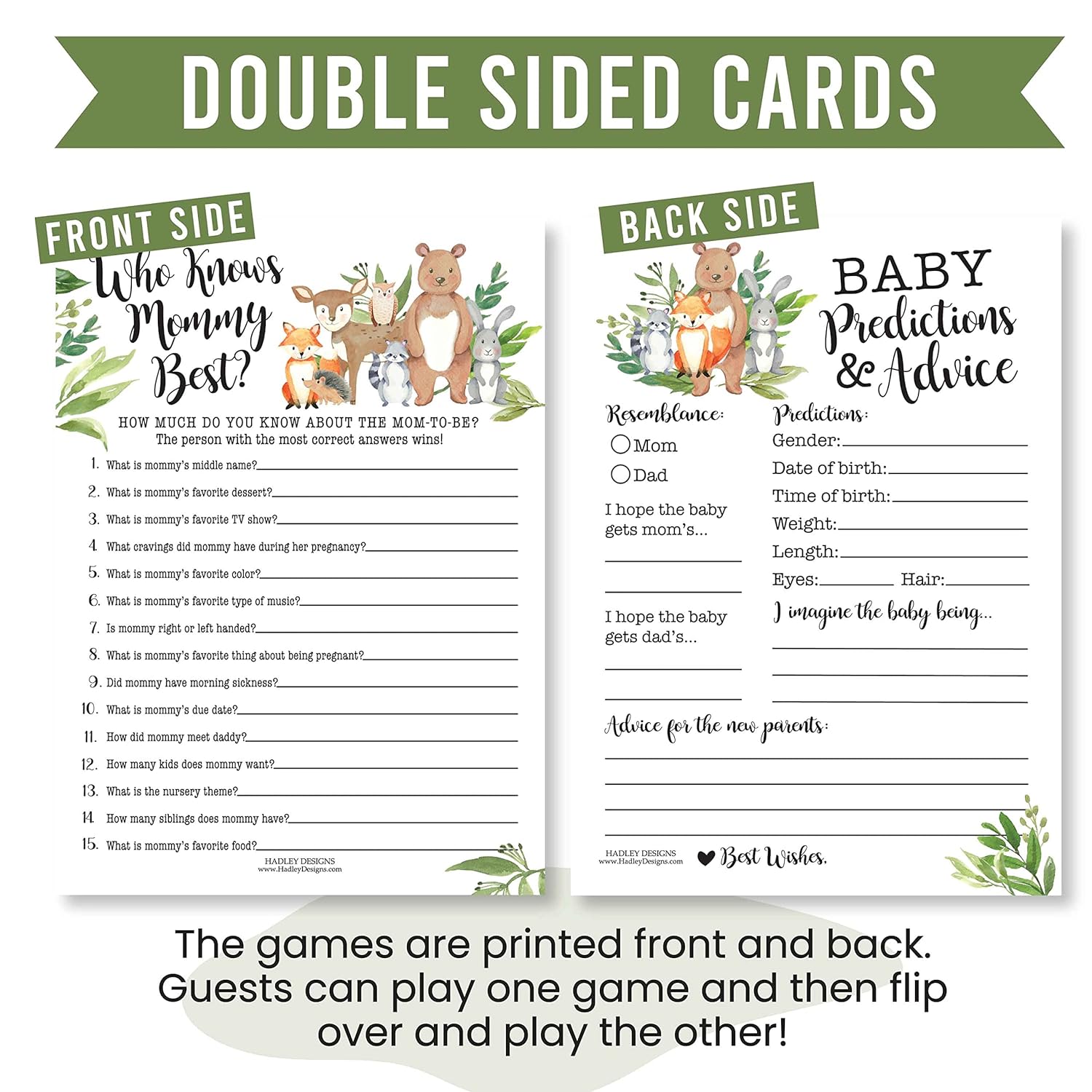 Baby Shower Games For 25 Guests - Woodland Baby Predictions & Advice Cards, Who Knows Mommy Best, Nursery Rhyme, Who Is My Mama Babyshower Games Girl Boy Gender Neutral, Made In Usa