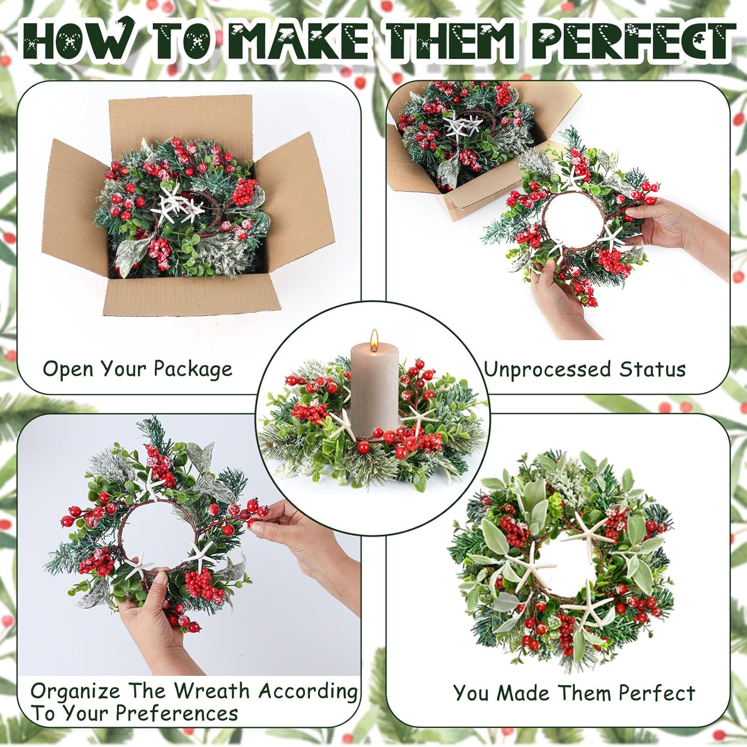 6 Pcs Natural Starfish Mini Christmas Candle Ring Wreaths Sea Star Fish Artificial Small Pillar Holder Wreaths For Cabinet Window Home Chair Front Door Farmhouse Wall Porch Beach Decoration