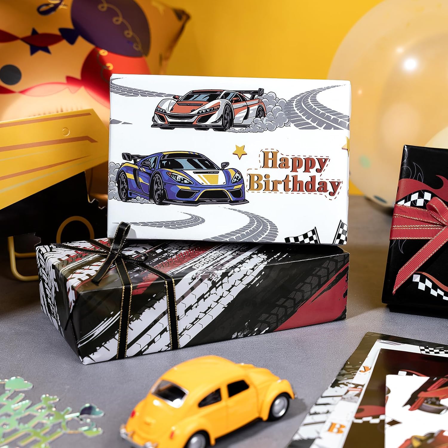 Race Car Birthday Wrapping Paper - 12 Sheet - Flames, Checkered Flags, Happy Birthday Text, Racing Cars & Tire Tread Pattern For Kids, Boys, Racing Lover - 27.5 X 19.6 Inches Per Sheet