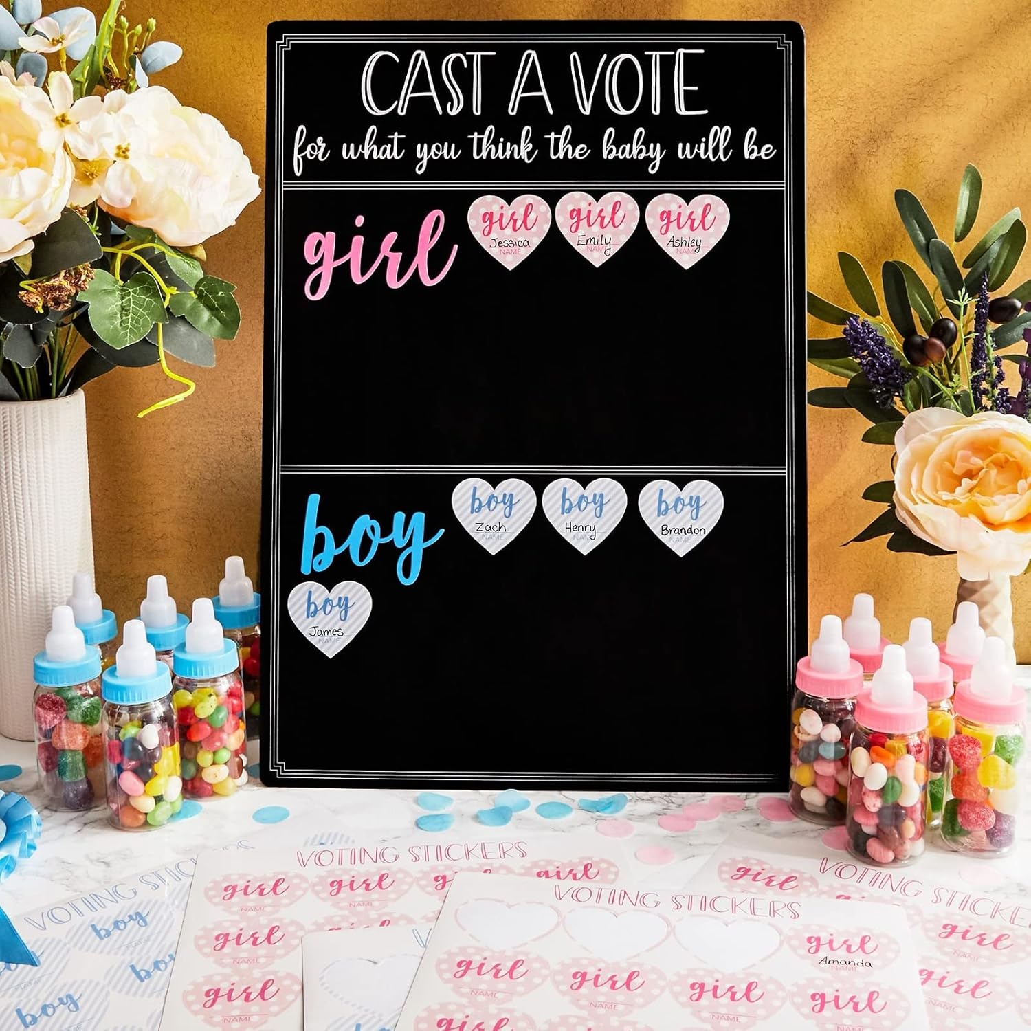 Boy Or Girl Voting Board - Interactive Gender Guessing Board - Classic Black Chalkboard Baby Shower Decoration - Easy Tabletop Display For Baby Shower Games - Black, 12 X 17 In, 144 Stickers