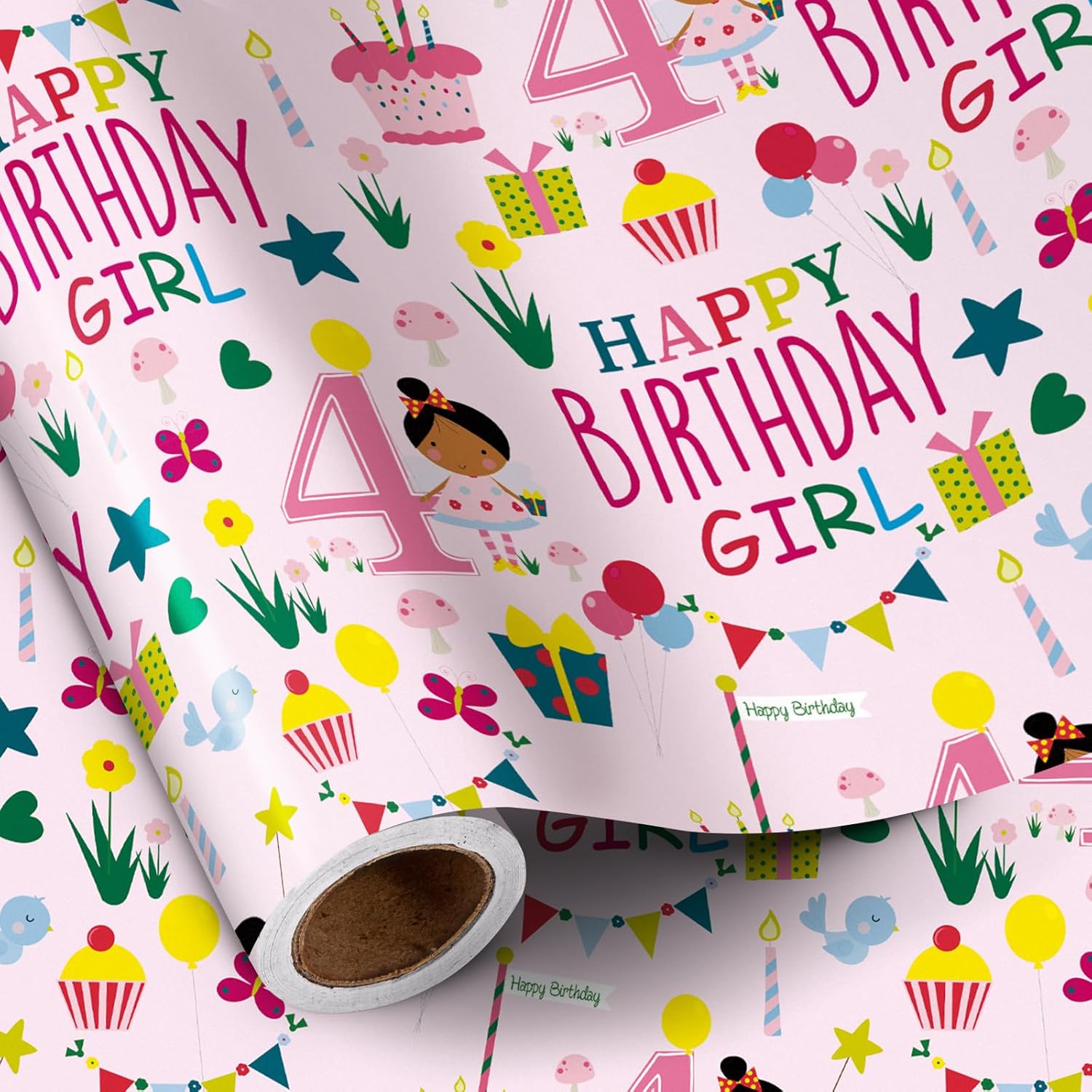 Happy 4Th Birthday Wrapping Paper Roll For Girls, Mini Roll, Pink Happy Birthday Girl Pattern Design For Party And More, 17 Inches X 16.4 Feet, 4 Years Old