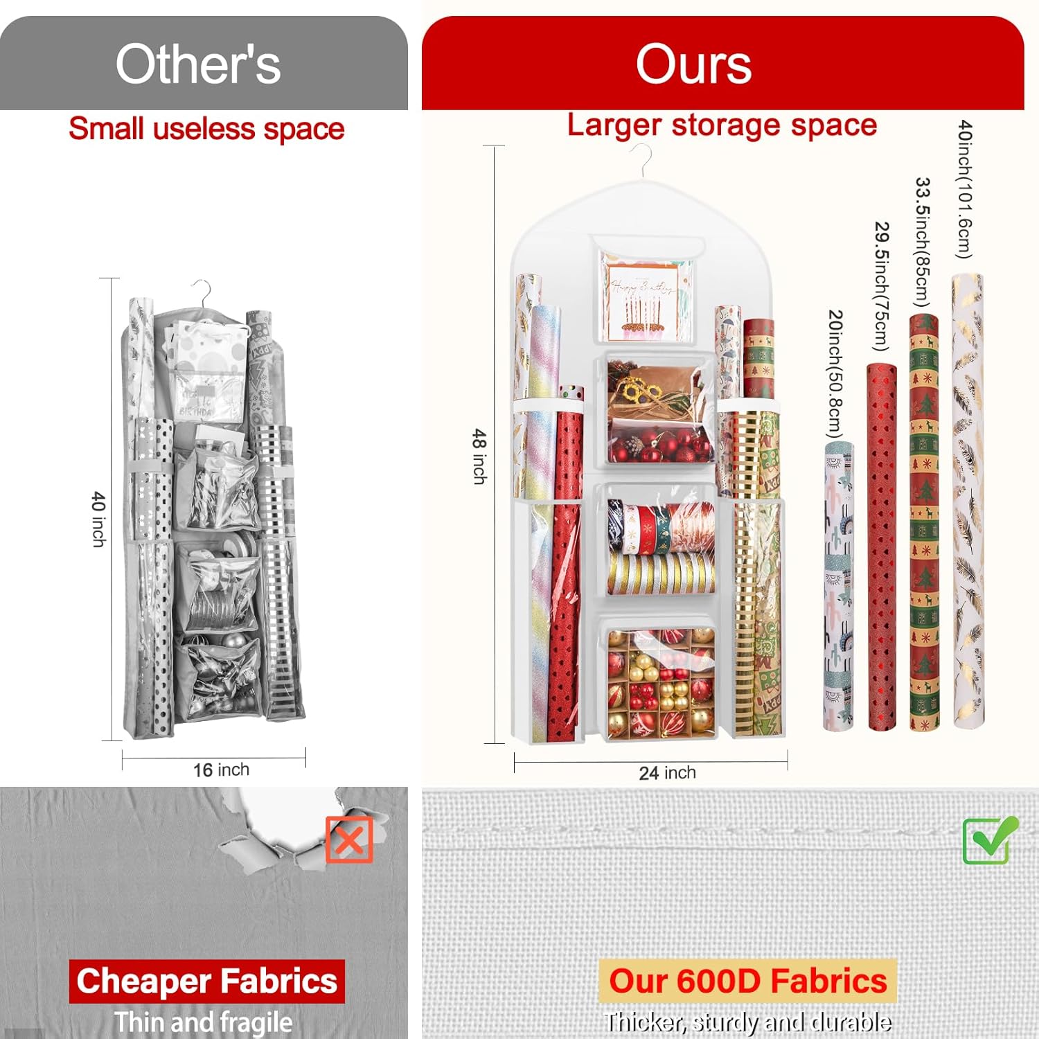 Hanging Gift Wrapping Paper Storage, 48X24 (Extra Large) White Double-Sided Christmas Wrapper Bag Container, Oxford Long Craft Roll Organizer, Present Wrap Holder For Closet, Door