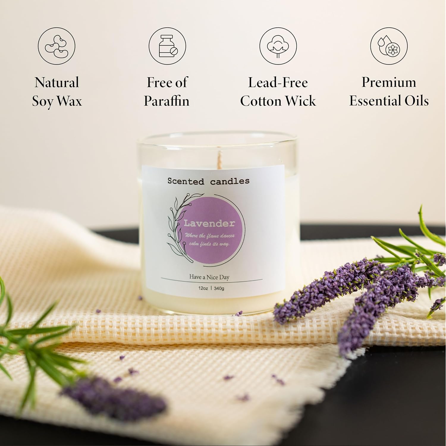 Lavender Scented Candle – 100% Natural Soy Wax, Cotton Wick, Odor Eliminating, Calming Herbal Aroma, 12Oz, 60 Hour Burn, White – Ideal For Home Decor, Spa, Bath, Parties & Gifts