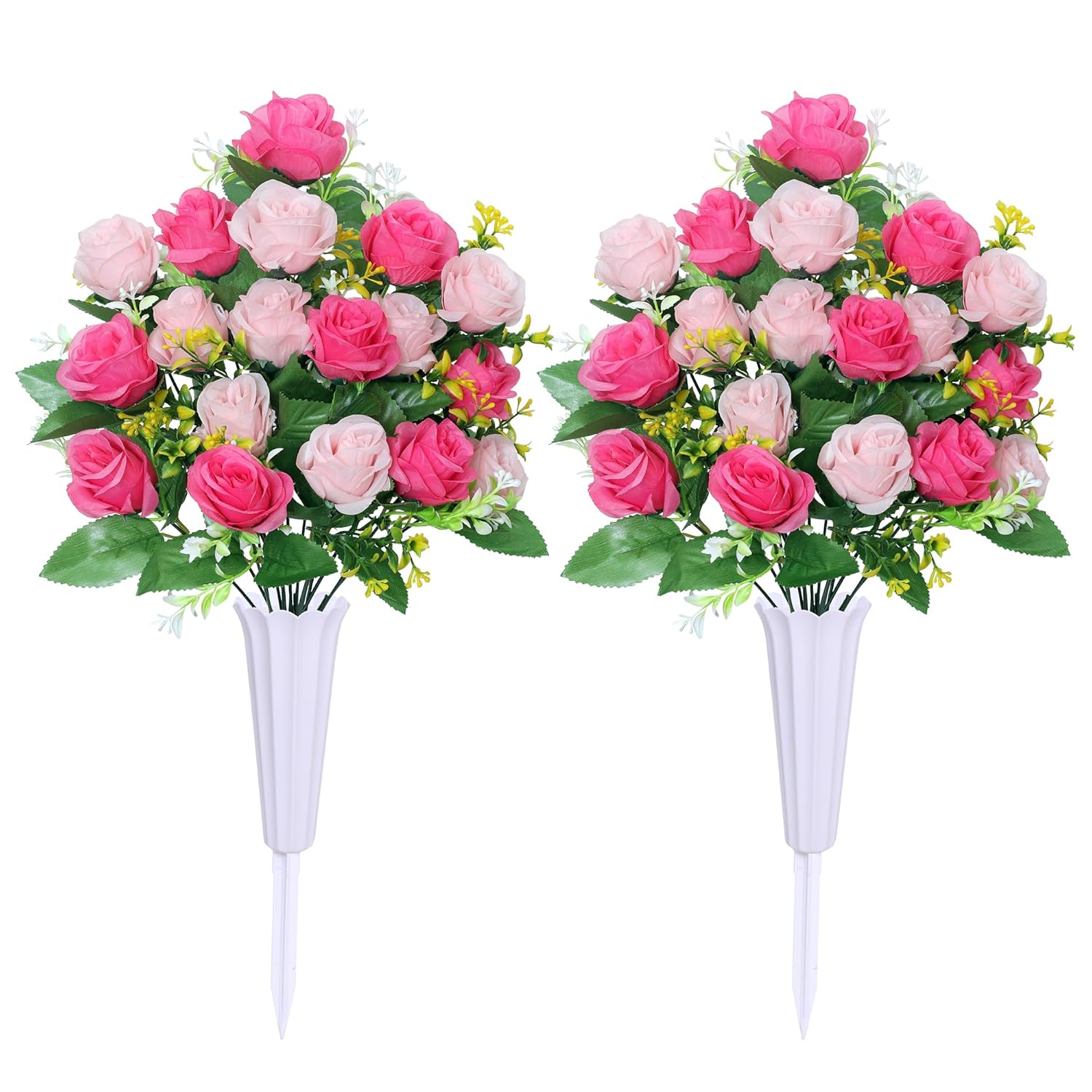 Artificial Cemetery Flowers,Set Of 2 Grave Memorial Flowers With Vase, Outdoor Grave Decorations Roses,Silk Flowers For Cemetery Headstones Decoration (Pink)