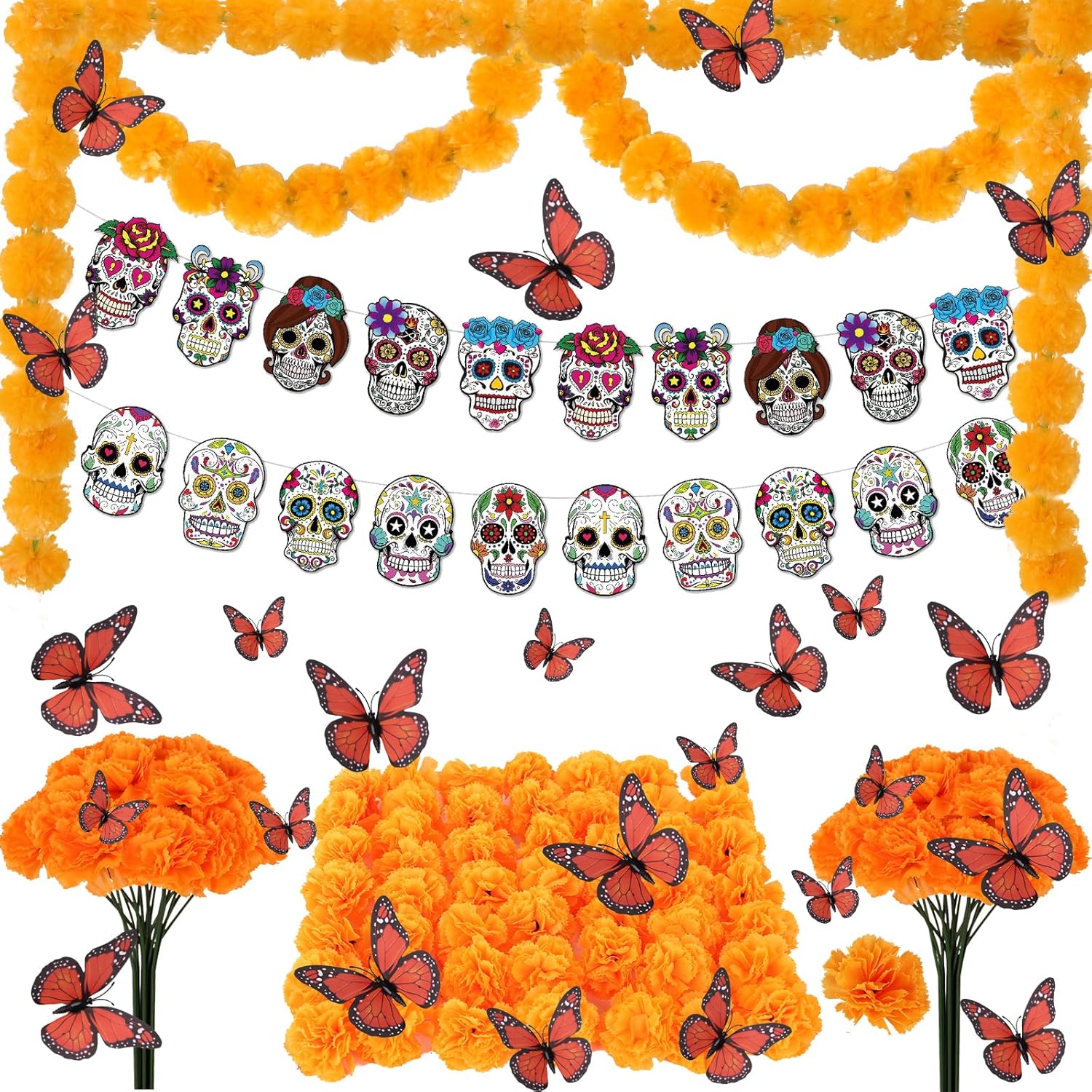 66Pcs Day Of The Dead Decorations Set - 2 Marigold Garland, 50 Artificial Marigold Flowers With Stems & 12 Monarch Butterfly Decoration For Dia De Los Muertos Indian Diwali Altar Decor