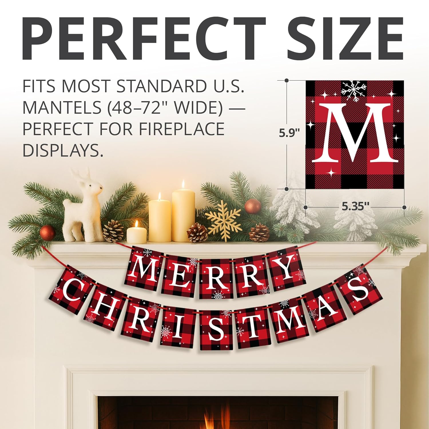 Merry Christmas Banner - Buffalo Plaid Merry Christmas Sign For Fireplace Mantel - Premium Indoor Xmas Decorations For Home & Party - Living Room Christmas Decorations For Mantle!