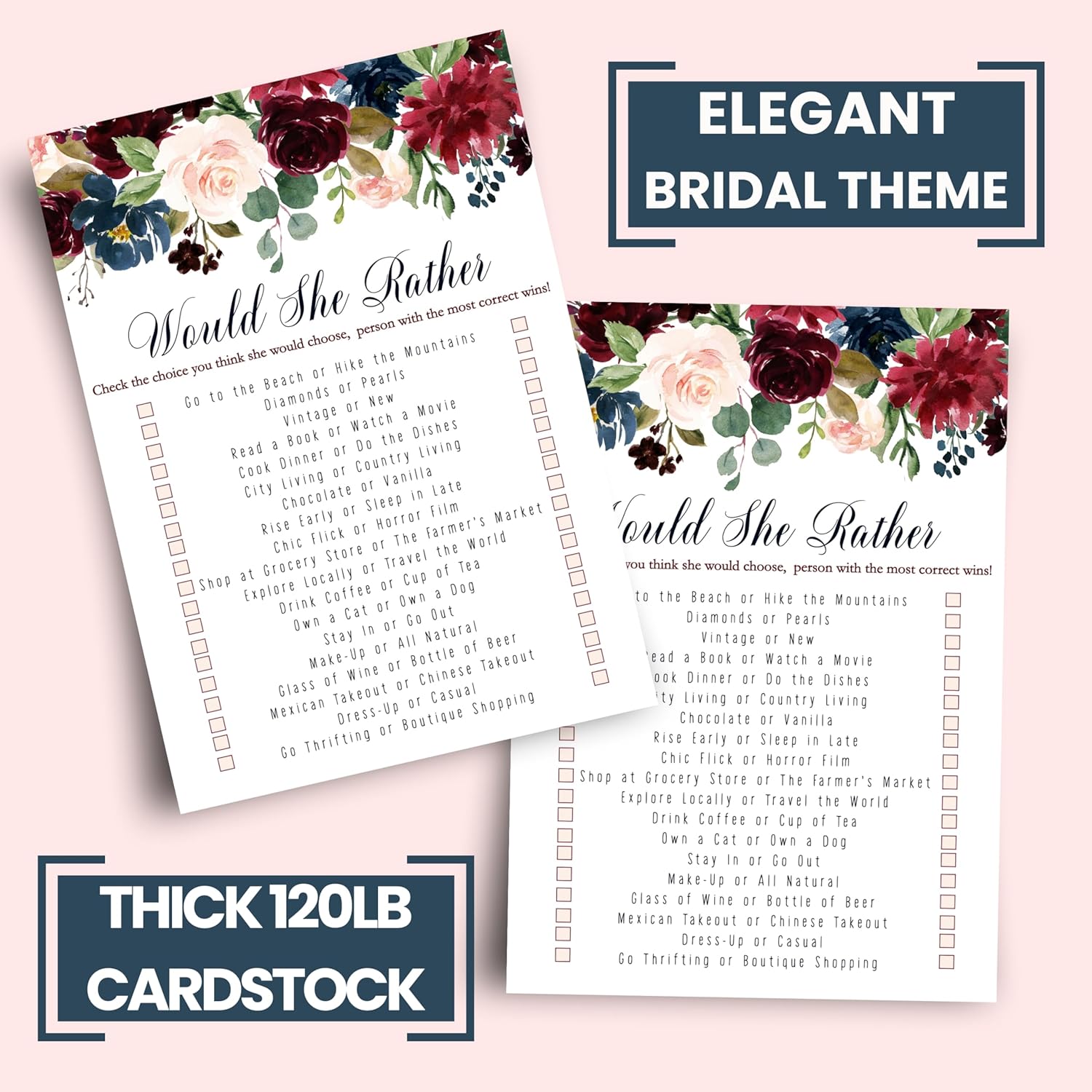 Blue Floral Bridal Shower Games - 25 Cards - Would She Rather - Rustic Burgundy Design For Bridal Showers, Wedding Receptions & Birthday Activities - 5X7 Pack Who Knows The Bride Best