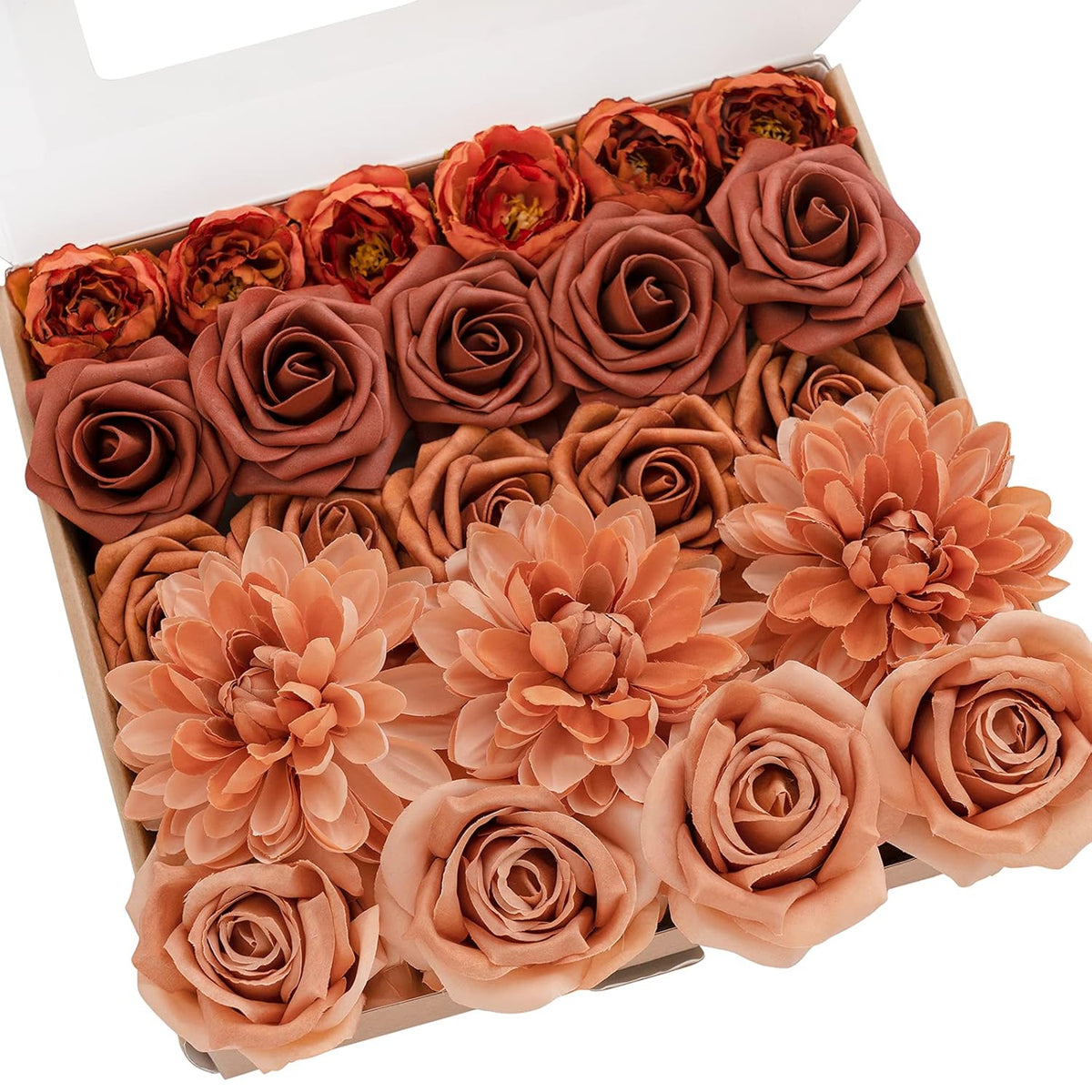 Artificial Flowers Fake Silk Dahlia Faux Foam Roses Combo For Diy Wedding Bouquets Centerpieces Arrangements Bridal Shower Party Home Decorations, Amber & Terracotta, 23Pcs