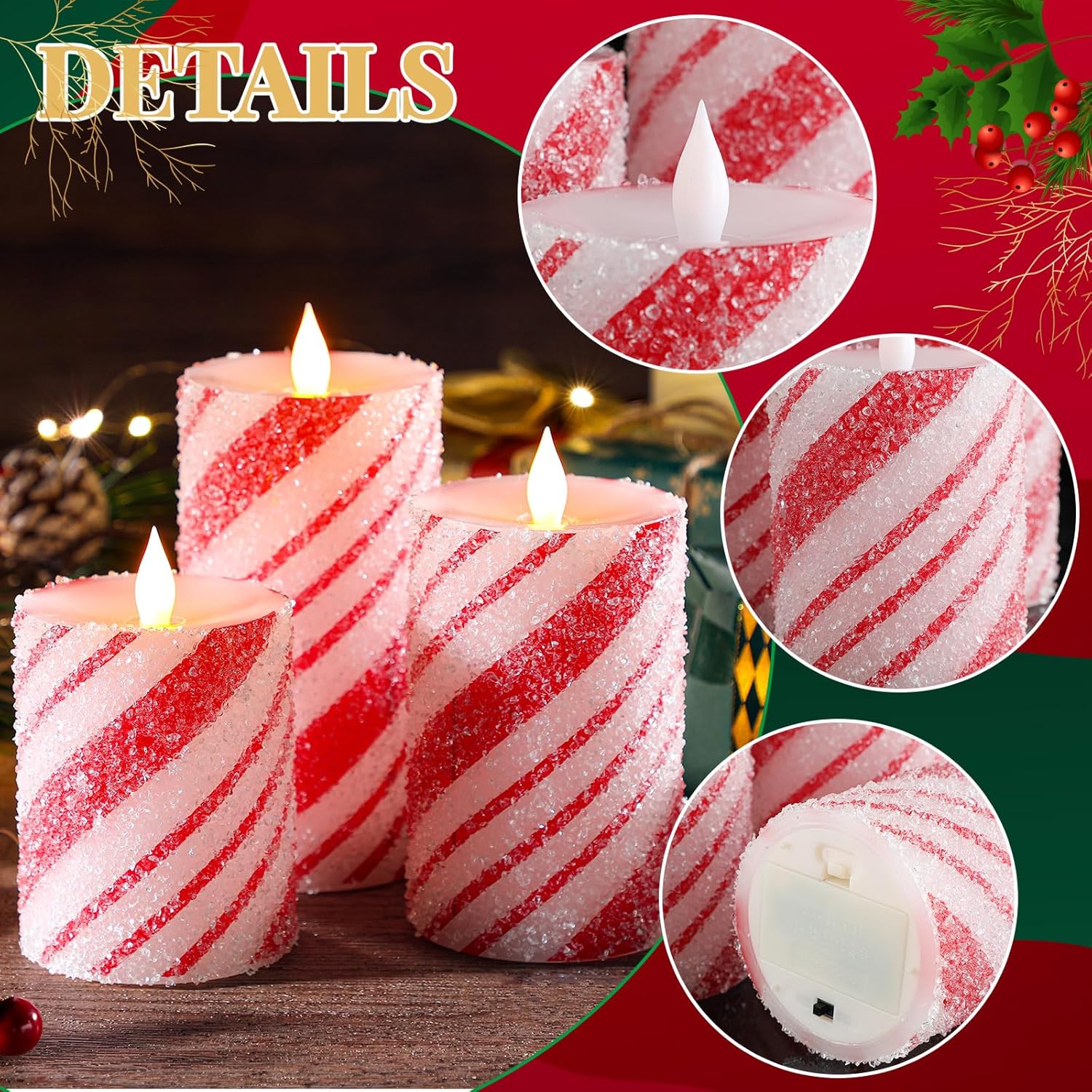 3 Pcs Christmas Flameless Pillar Candles Led Candy Cane Peppermint Stripe Red And White Glitter Battery Operated Candles For Xmas Holiday Centerpiece Home Party Decor