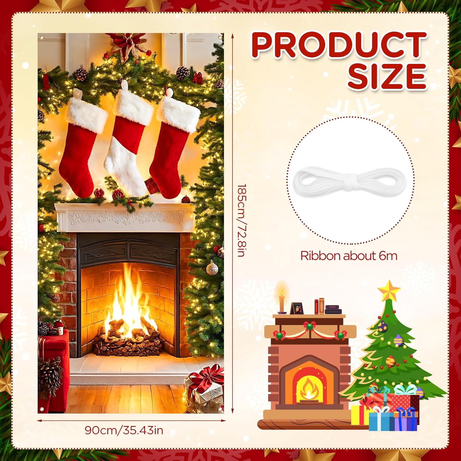 Christmas Fireplace Door Cover Banner With Stockings & Sign - Photo Booth Prop Background For Holidays Indoor/Outdoor