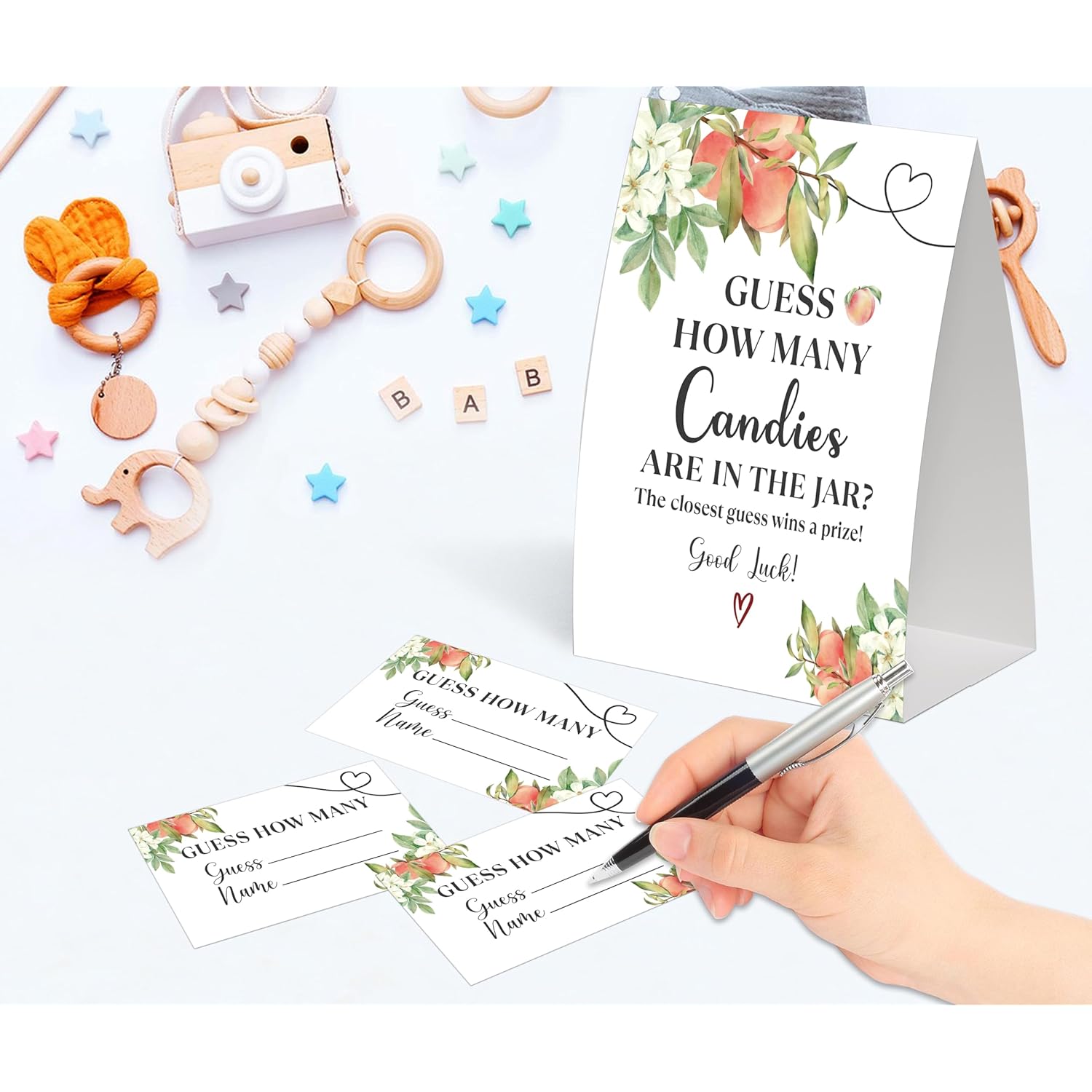Sweet Peach Guess How Many Candies Are In The Jar Game For Baby Shower, Pack Of One 5X7 Sign And 50 Guessing Cards, White Floral Peach Baby Shower Decoration, Gender Neutral Party Supplies - Gc06