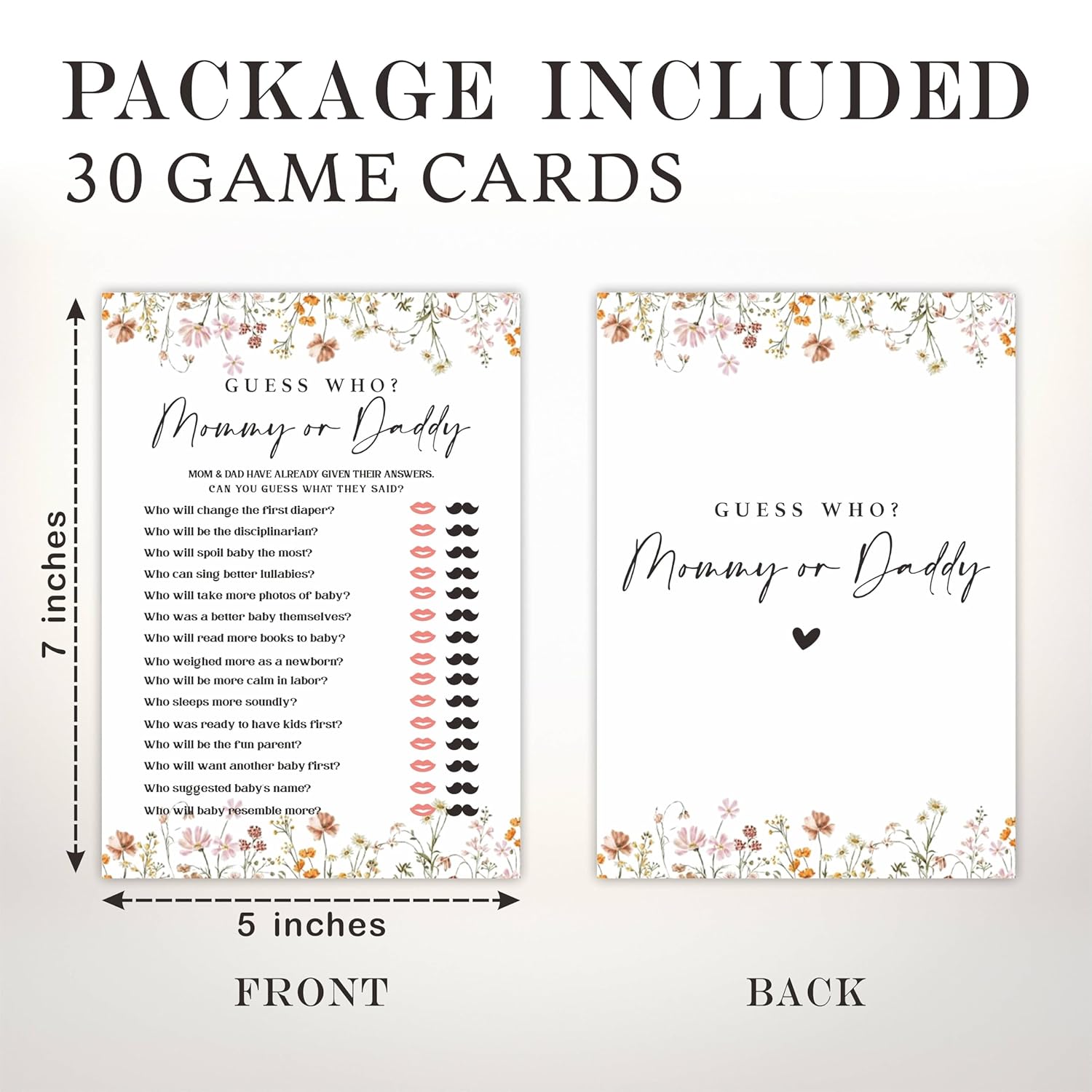 Baby Shower Game Cards, 30 Floral Theme Double-Sided Game Cards For Baby Announcement, Guess Who Mommy Or Daddy Game Cards, Spring Flower, Gender Reveal Party Favor, Activity - C06