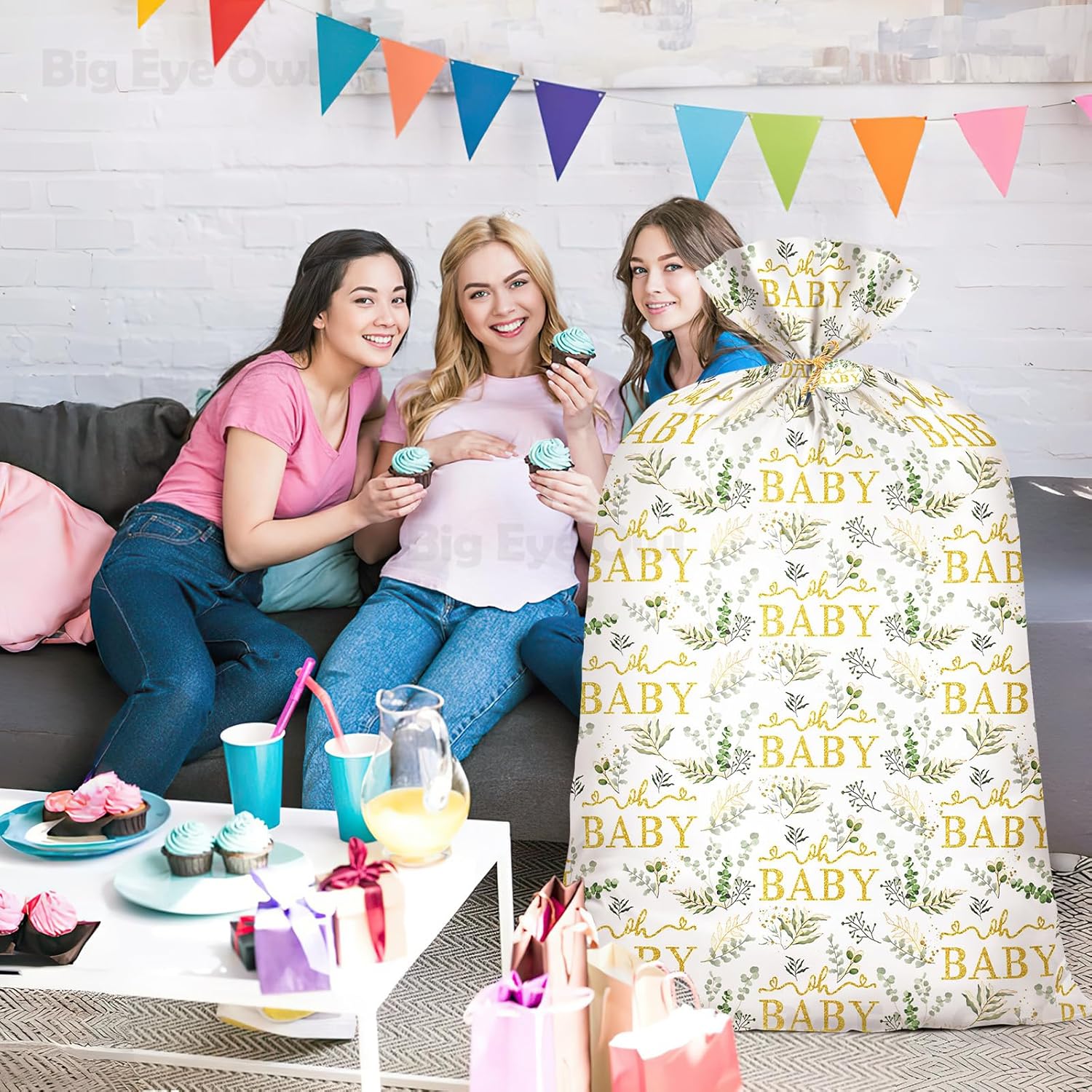 2Pcs Extra Large Baby Shower Plastic Gift Bag 70"X 40"Jumbo Present Bag Eucalyptus Leaves Birthday Large Gift Wrapping Bags Oversized Oh Baby Sage Green Gender Reveal Birthday Party Favors