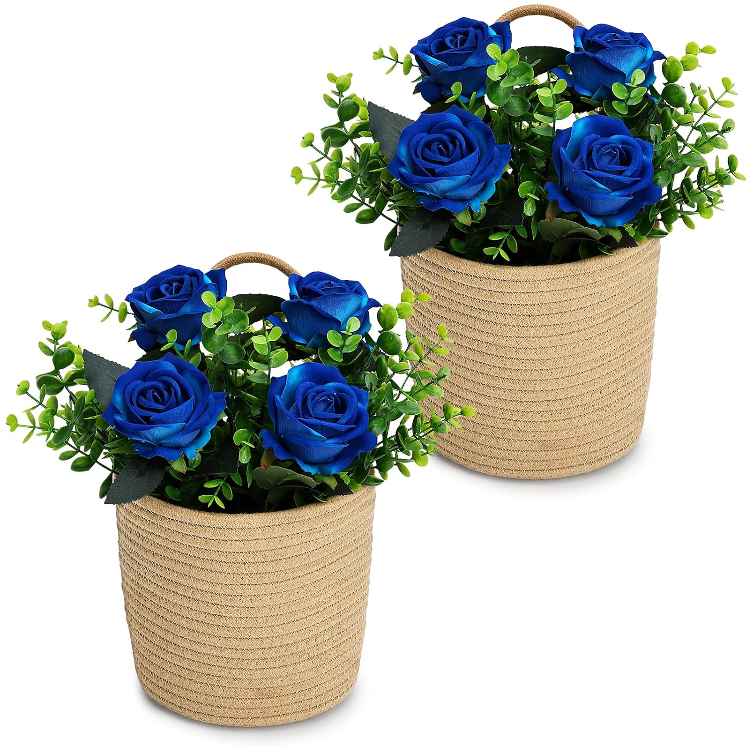 2 Pack Wall Hanging Rope Basket With Artificial Roses Eucalyptus Farmhouse Decor, Artificial Flowers With Jute Basket For Entryway Kitchen Bedroom Living Room Home Decorations - Royal Blue