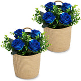 2 Pack Wall Hanging Rope Basket With Artificial Roses Eucalyptus Farmhouse Decor, Artificial Flowers With Jute Basket For Entryway Kitchen Bedroom Living Room Home Decorations - Royal Blue