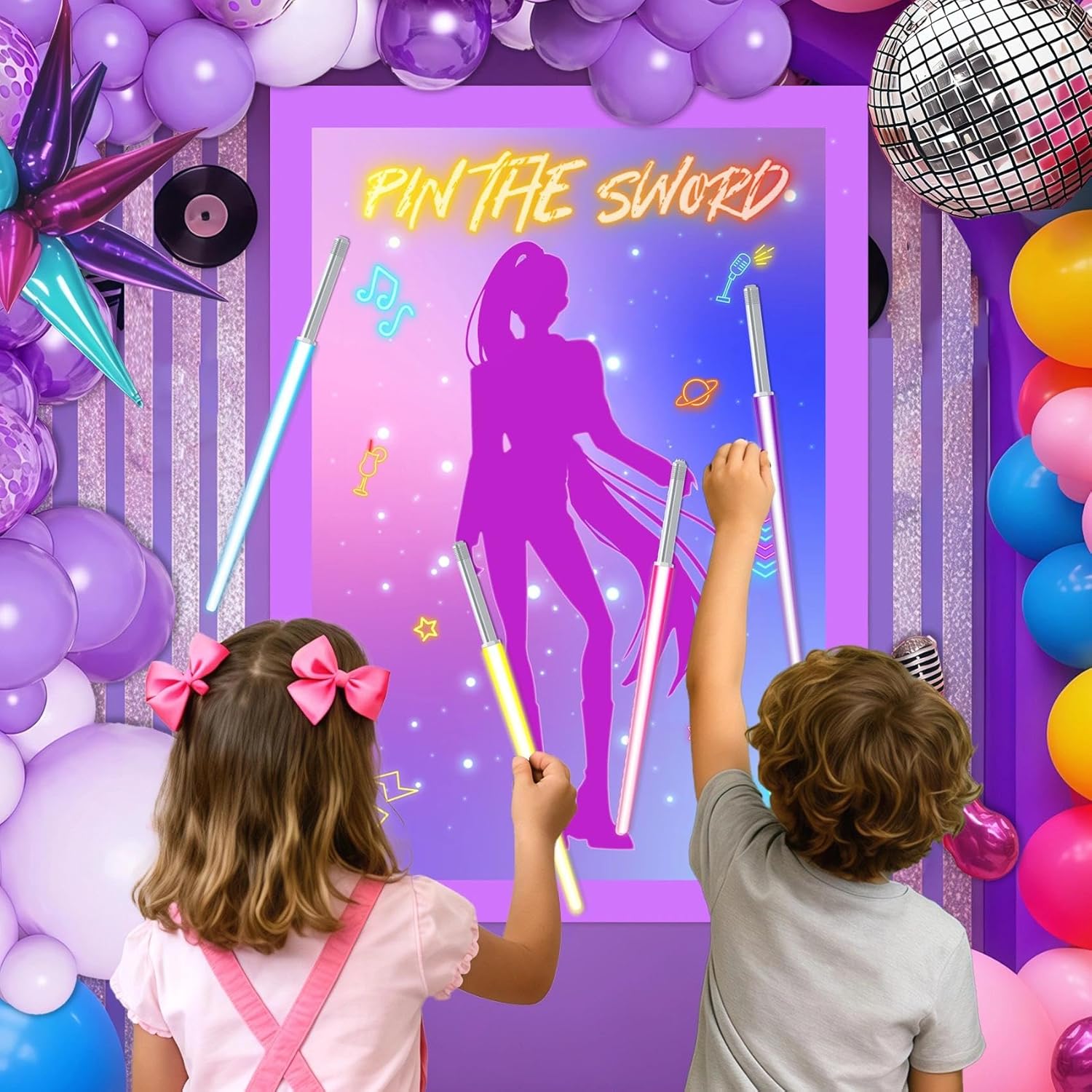 Kpop Movie Hunters Decorations Pin The Sword Birthday Party Games Decorations, Magic Music Themed Poster With 24 Reusable Sword Stickers For Party Supplies Favors- 19.5Inch X27.5Inch