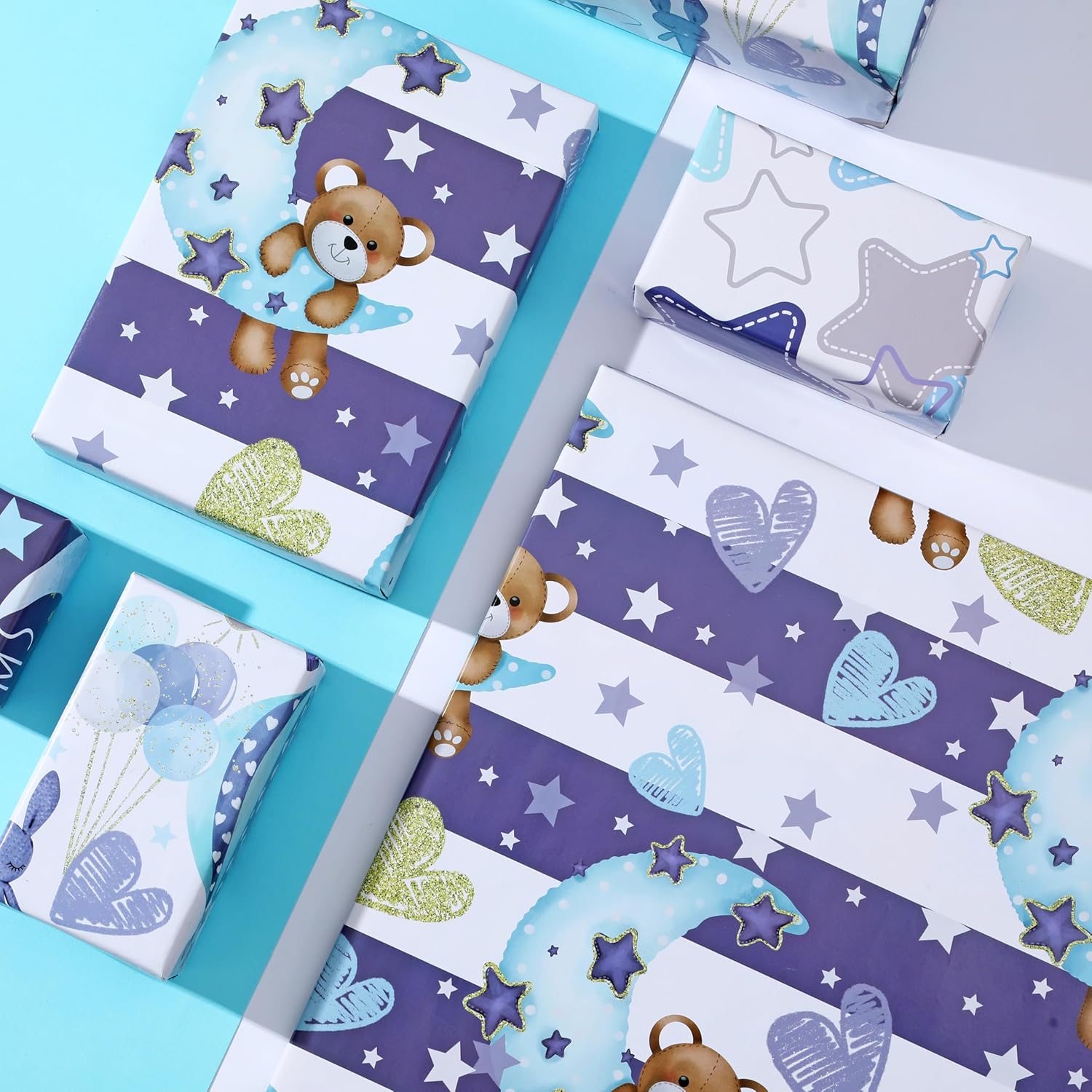 Reverible Baby Shower Wrapping Paper Roll For Baby Boy Infant - Baby Blue Bear Moon And Baby Boy Texts Patterns Gift Wrap Sheets For Neutral Baby Shower Birthday - Total 28.5Sq.Ft