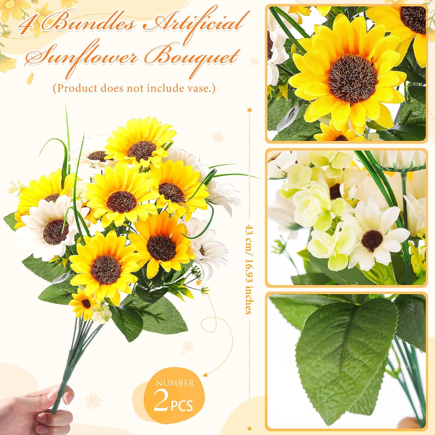 4 Bundles Sunflower Cemetery Flowers For Grave Vase Spring Easter Artificial Sunflower Memorial Flower Bouquet 19.7 Inch Fake Silk Floral Arrangement For Headstone Graveyard Gravesite Outdoor