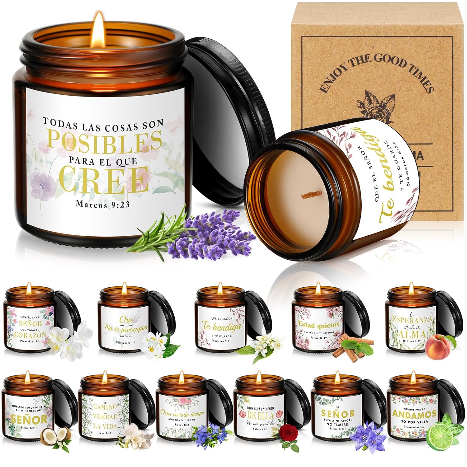 12 Jars Christian Religious Scented Candle 3.5Oz Catholic Bible Verses Candle For Women Easter Birthday Thank You Gifts For Employee Inspirational Coworkers Gifts(Español)
