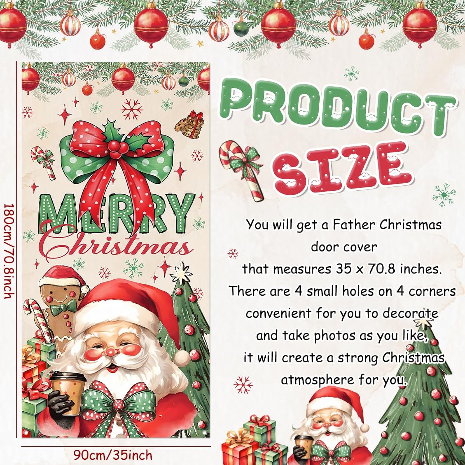 Christmas Door Cover,Santa Claus And Bow Door Cover Red Gingerbread Man Christmas Decorations,Merry Xmas Porch Banner Background,Hanging Banner For Xmas Holiday Eve New Years Party