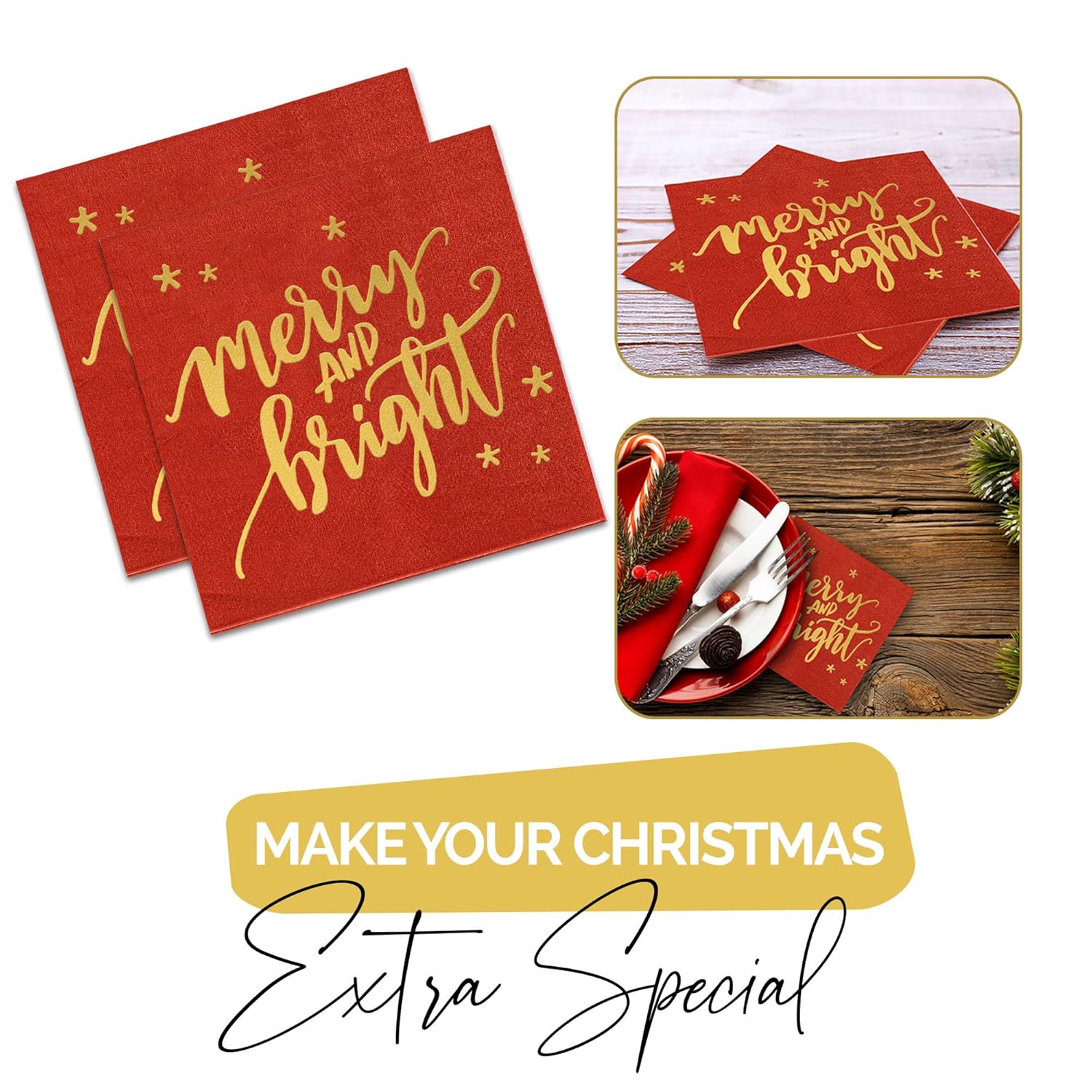 Merry And Bright Christmas Napkins 50 Pcs - Gold Foil Christmas Cocktail Napkins Paper, Christmas Paper Napkins, Christmas Dinner Napkins, Holiday Cocktail Napkins, Merry And Bright Christmas Decor