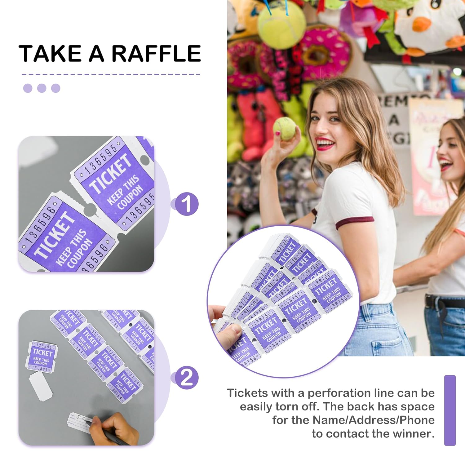 250 Raffle Tickets, 50/50 Raffle Tickets, Double Tickets For Festivals, Carnivals, School Events, Baby Showers, Summer Parties (Purple)