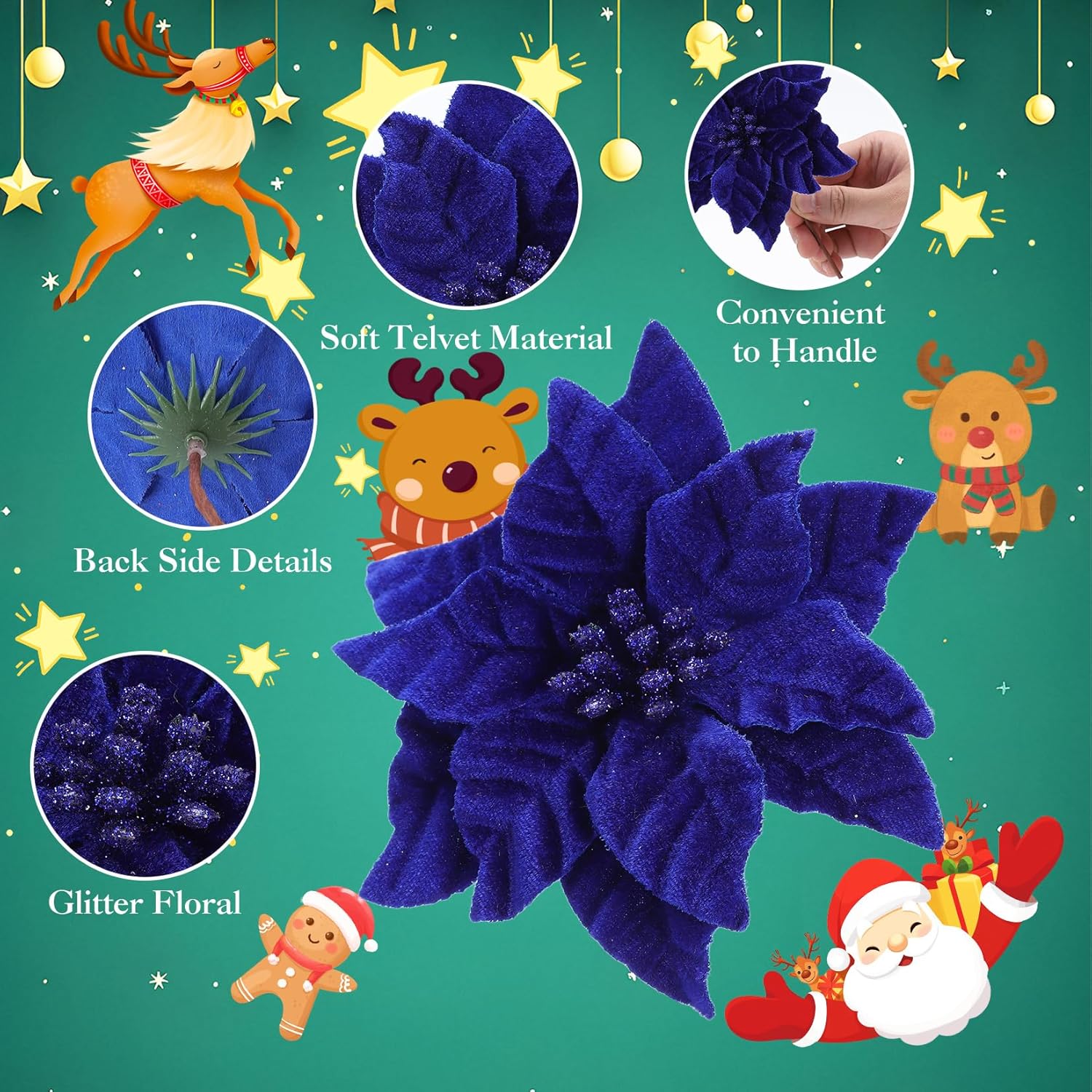 24 Pcs Poinsettia Flowers Artificial, 6.3 In Large Velvet Christmas Flowers With Stems, Floral Picks For Christmas Tree Wreath Garland Ornaments Wedding Decor, Royal Blue