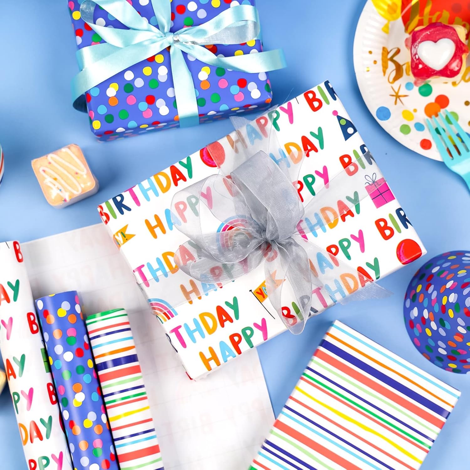 Birthday Wrapping Paper Roll - Mini Roll - 17 Inch X 120 Inch Per Roll - Polka Dots, Stripes Patterns (42.3 Sq.Ft.Ttl)