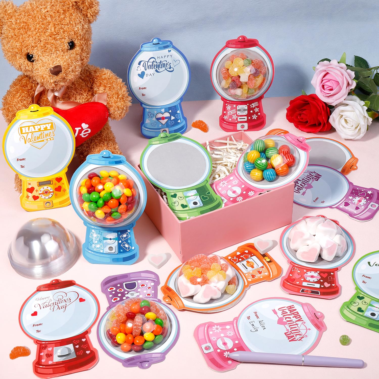 48 Pack Valentine'S Day Cards For Kids Valentines Bubble Gum Machine Candy Cards Set With Plastic Dome Diy Valentine Exchange Gifts For Boys Girls Toddler School Classrooms Rewards Party Favors