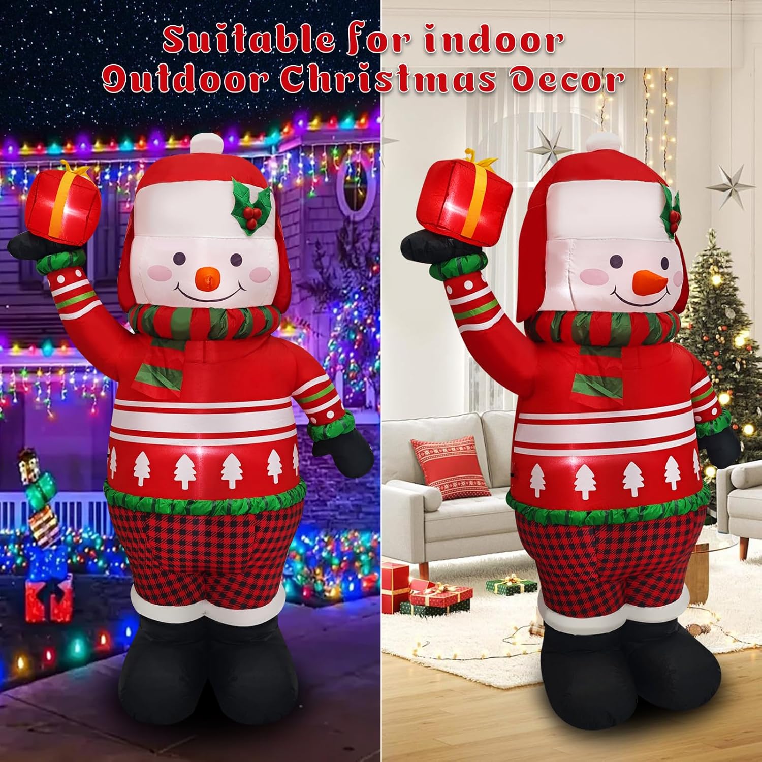 Christmas Inflatable Decoration 5.6 Ft Snowman Holding Gift Adorable Holiday Yard Decoration With Red Sweater, Hat & Pla