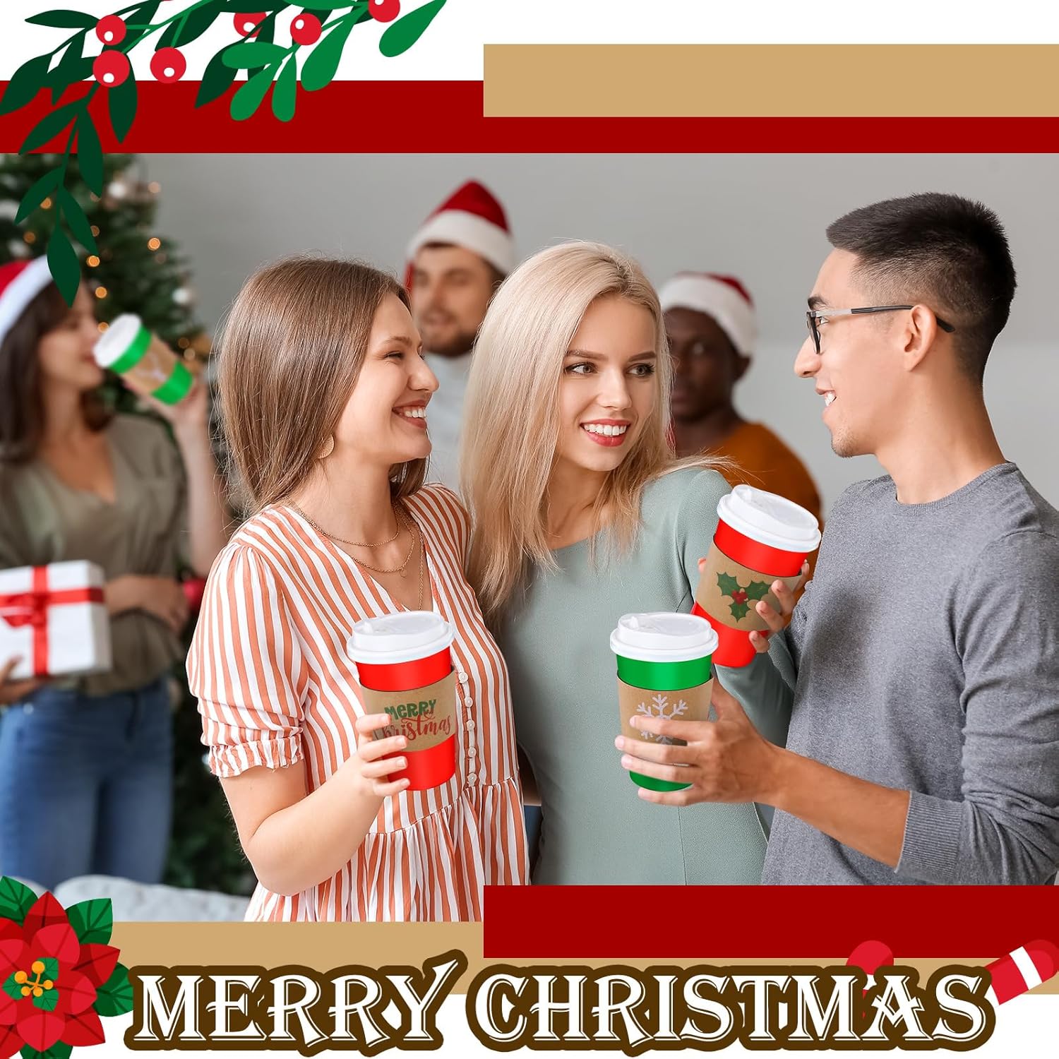 50 Pack 16 Oz Christmas Disposable Coffee Cups With Lids And Sleeves Merry Christmas Paper Coffee Cups Red And Green Drinking Cup For Beverage Cold Hot Drinks Holiday