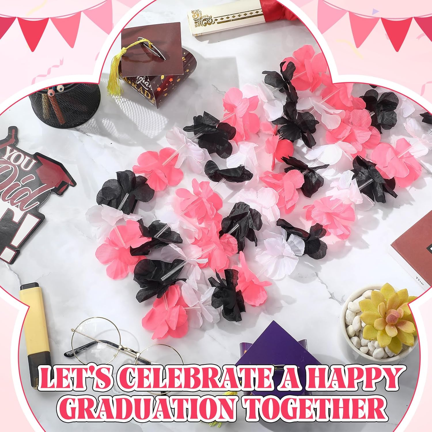 20 Pcs Bulk Graduation Leis Class Of 2025 Hawaiian Leis Flower Necklaces 39.4 Inch Graduation Garlands For High School College Graduate Grad Party Favor Photo Prop(Black White Pink)