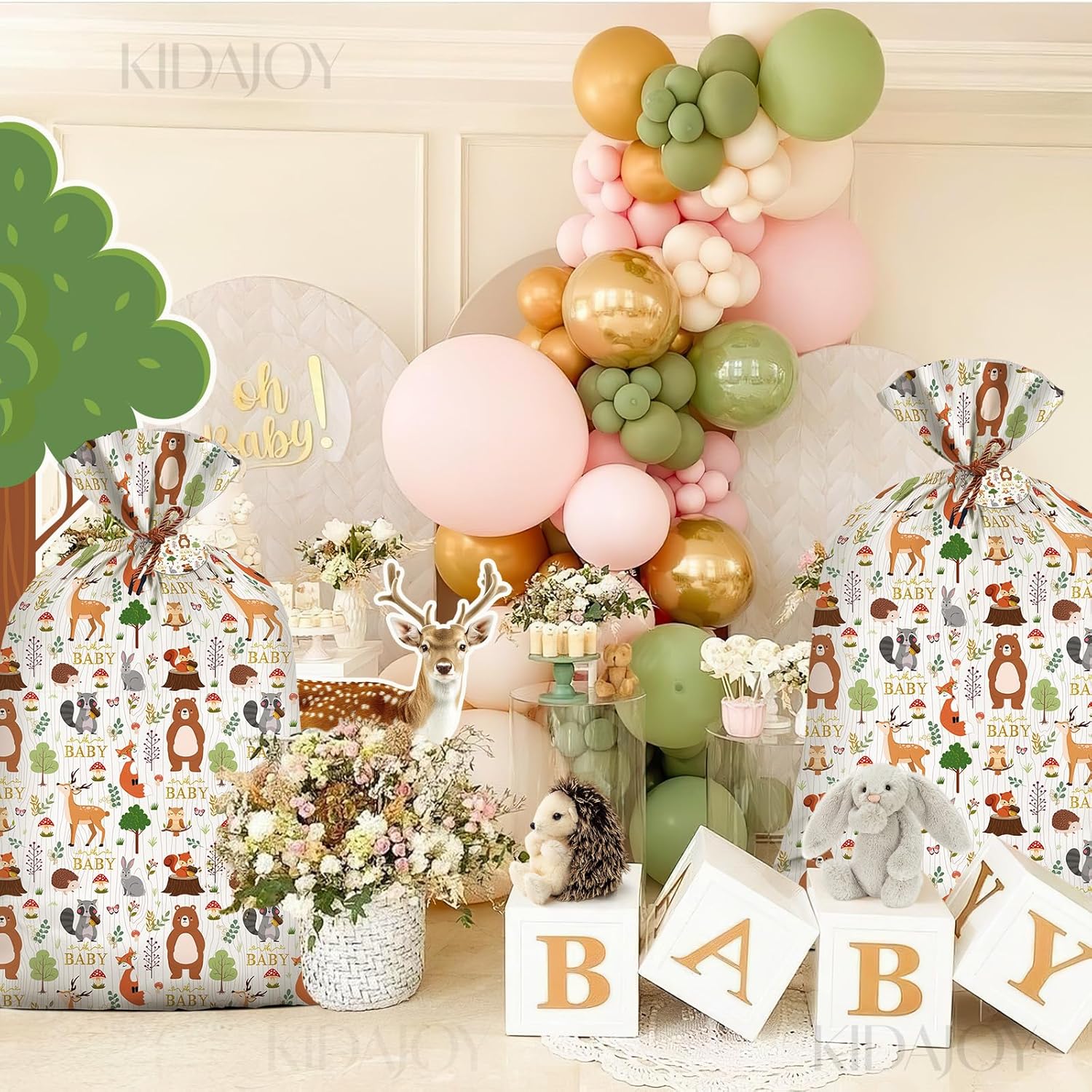 1 Pcs Extra Large Woodland Gift Bags Baby Shower Plastic - 56 * 36 Inch Jumbo Forest Animal Present Gift Bags Baby Girls Boys Newborn Parties Favors Decorations Oh Baby