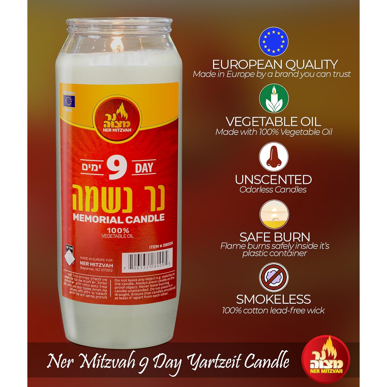 Ner Mitzvah 9 Day Yartzeit Candle - 3 Pack Kosher Yahrtzeit Memorial and Yom Kippur Candle in Plastic Holder